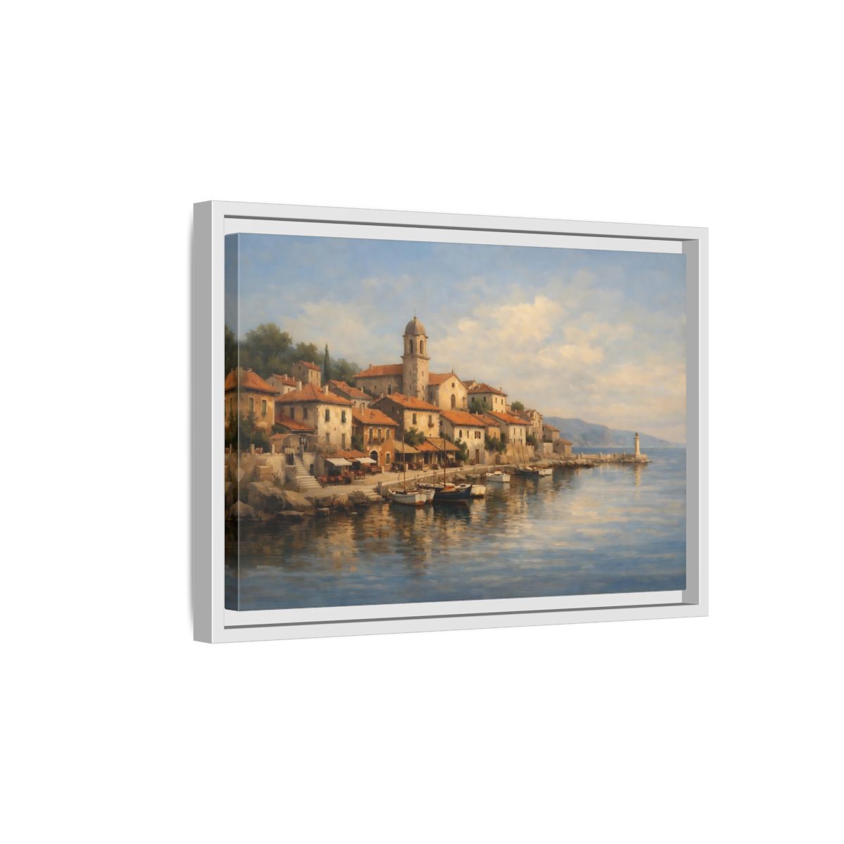 Side Mockup 4. Nature Coastal Town Blue And Orange shown as stretched canvas wall art