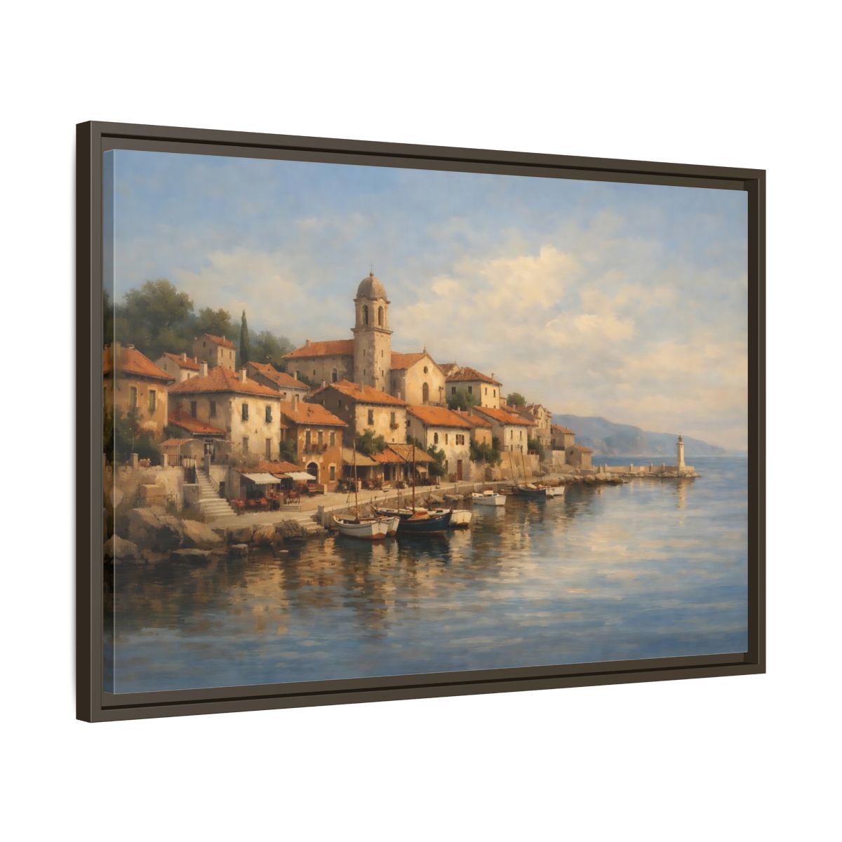 Side Mockup 11. Nature Coastal Town Blue And Orange shown as stretched canvas wall art