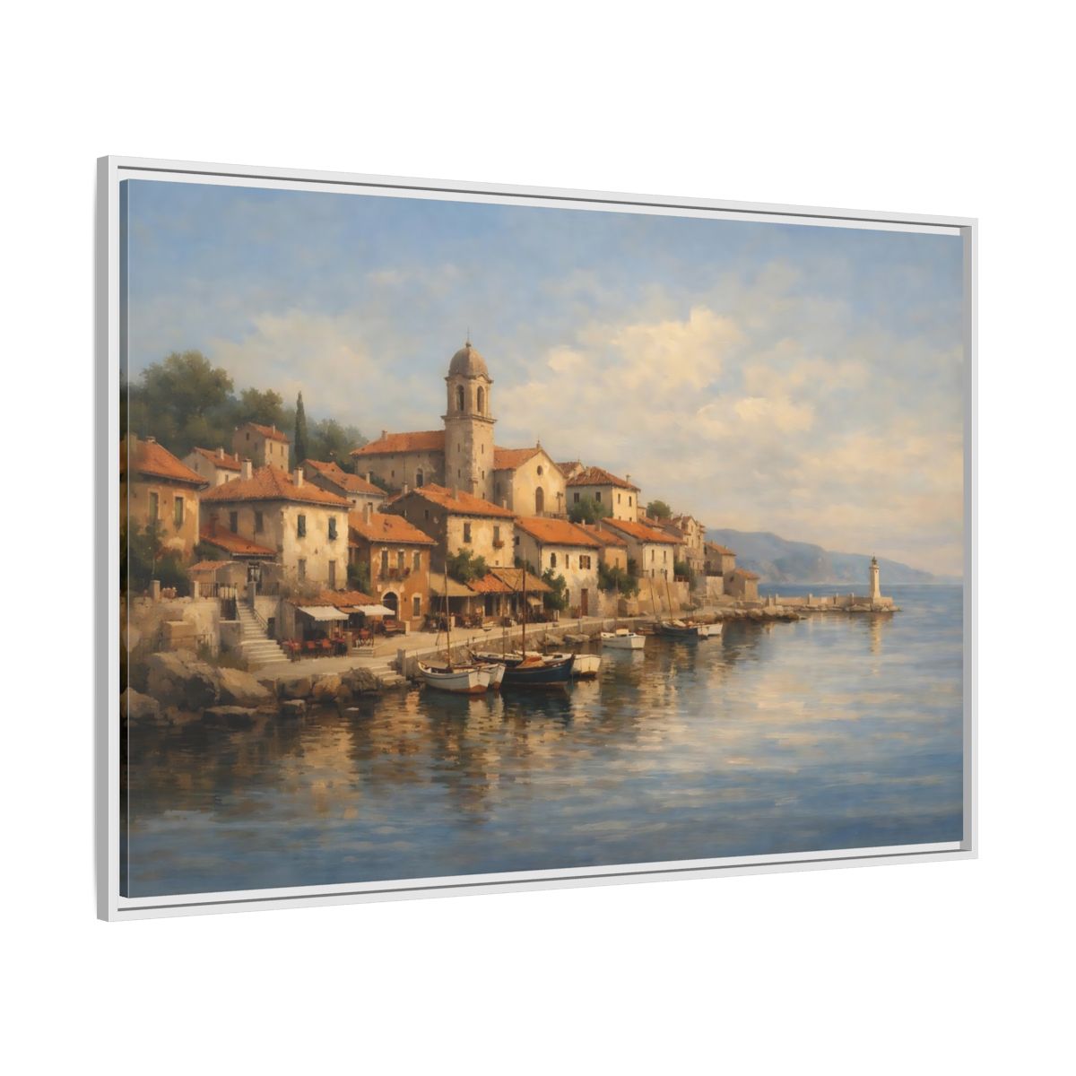 Side Mockup 7. Nature Coastal Town Blue And Orange shown as stretched canvas wall art