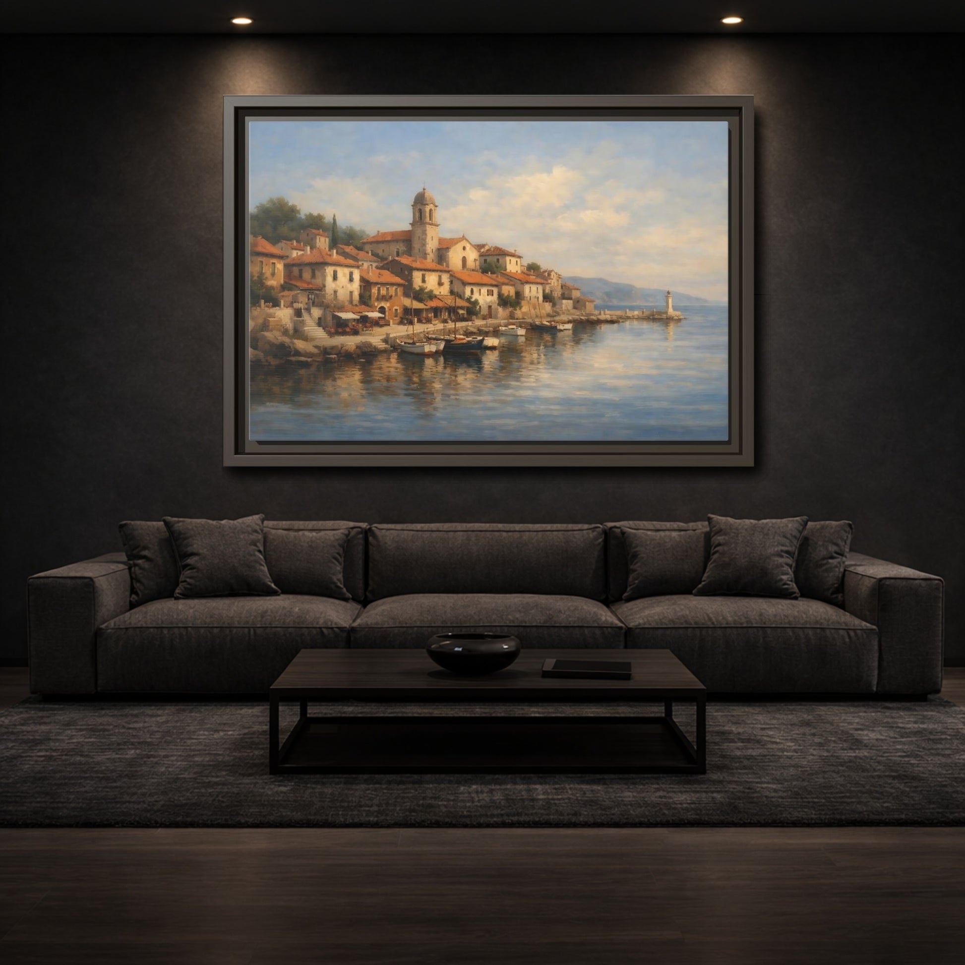 Mockup 2. Nature Coastal Town Blue And Orange shown as stretched canvas wall art