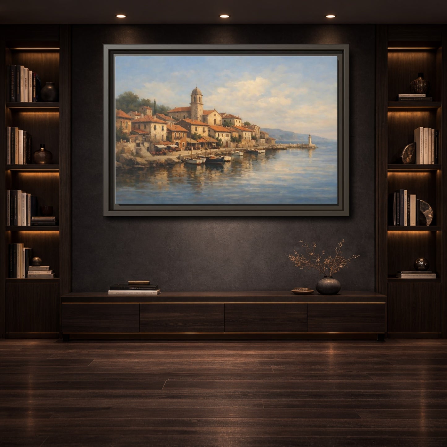 Mockup 3. Nature Coastal Town Blue And Orange shown as stretched canvas wall art