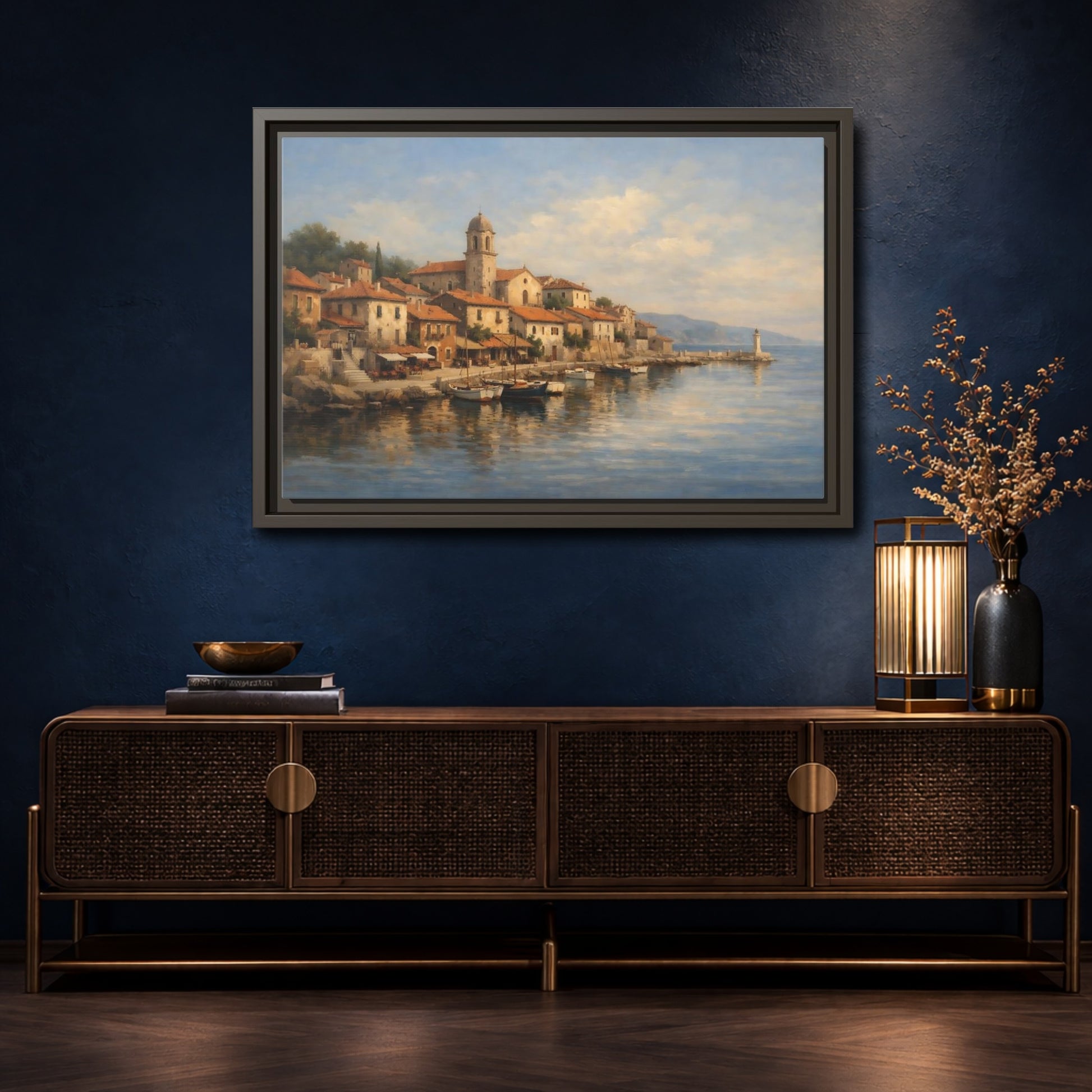 Mockup 4. Nature Coastal Town Blue And Orange shown as stretched canvas wall art