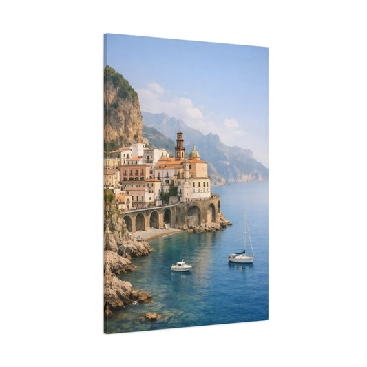 Nature Coastal Town Blue Coastal Town shown as stretched canvas wall art
