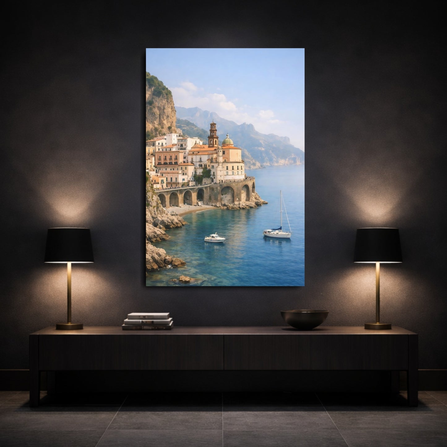 Nature Coastal Town Blue Coastal Town shown as front canvas room wall art