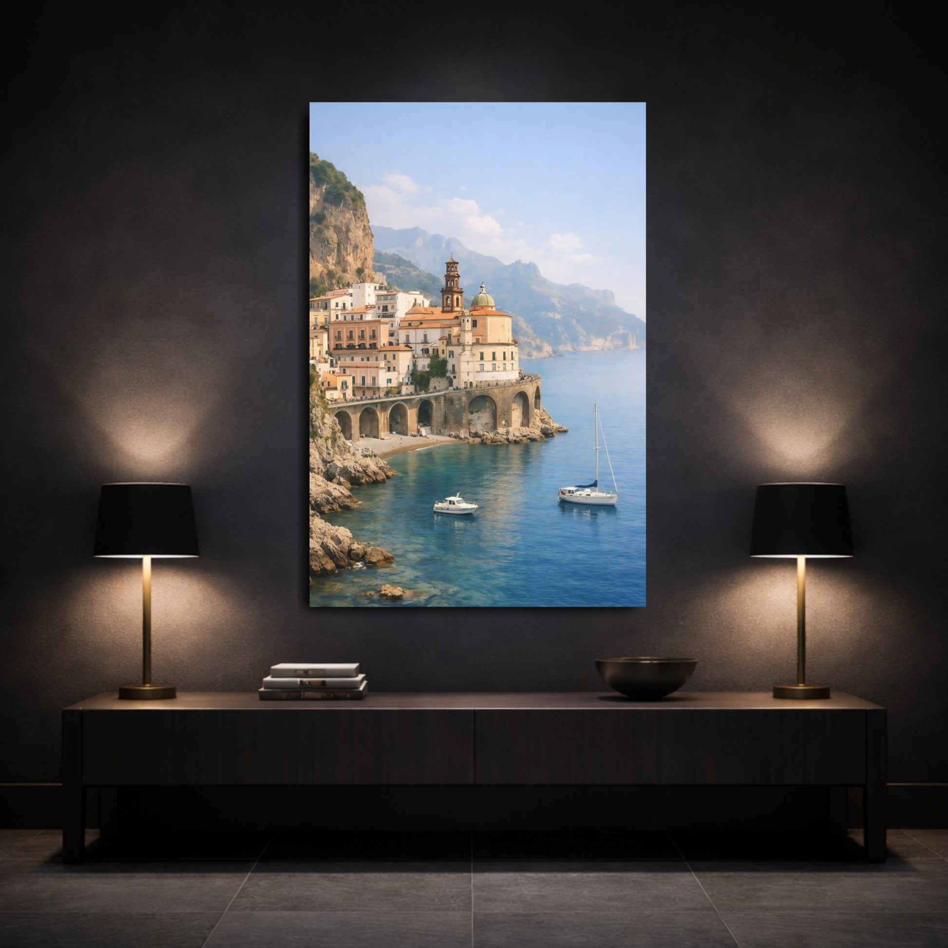 Nature Coastal Town Blue Coastal Town shown as front canvas room wall art