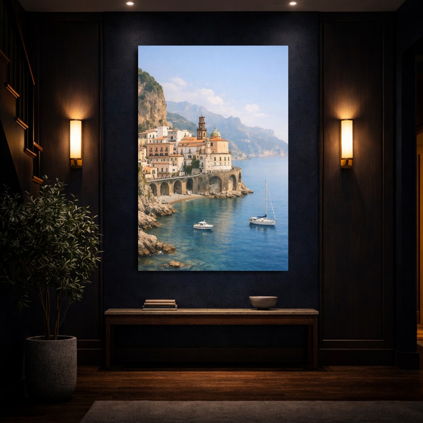 Nature Coastal Town Blue Coastal Town shown as front canvas room wall art