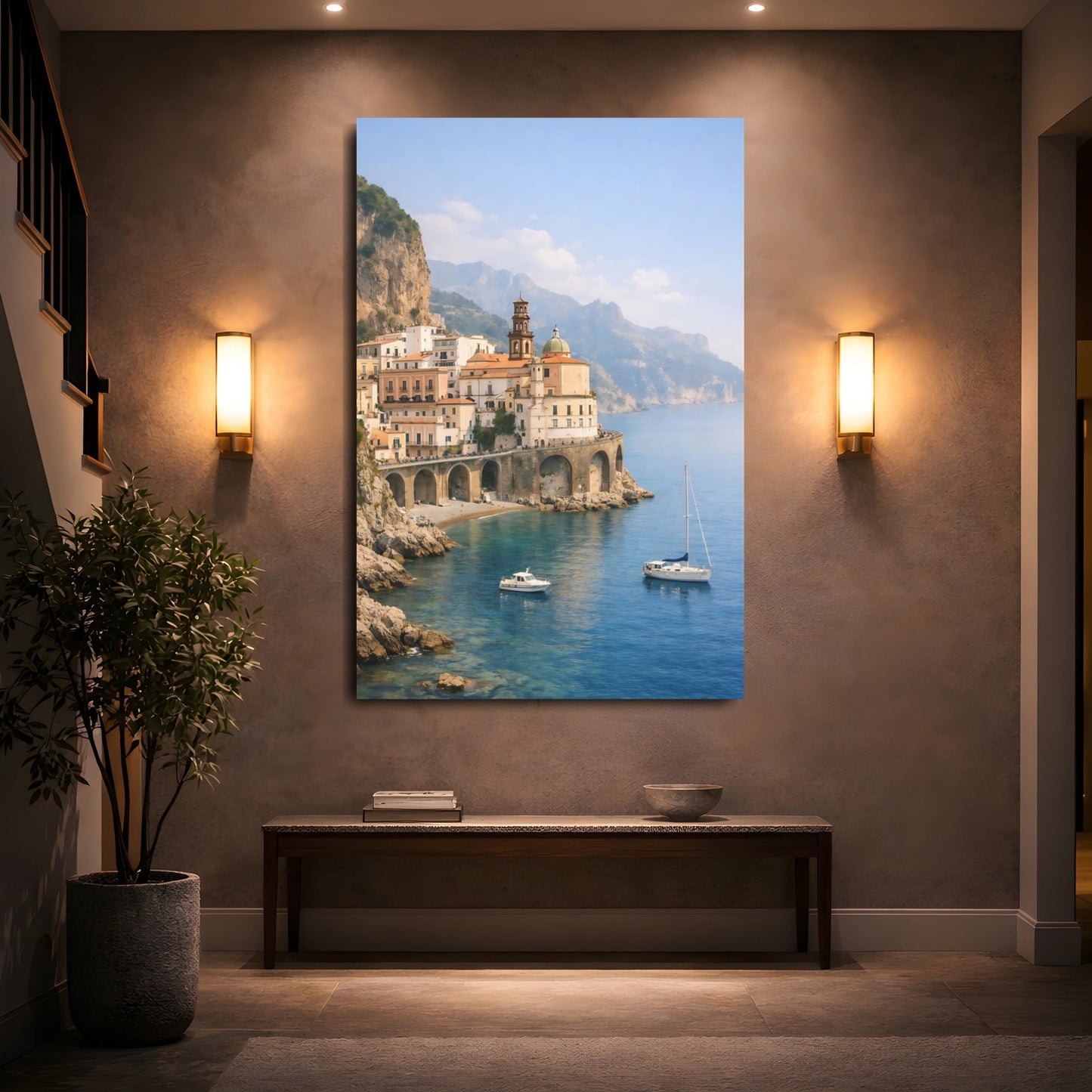 Nature Coastal Town Blue Coastal Town shown as front canvas room wall art