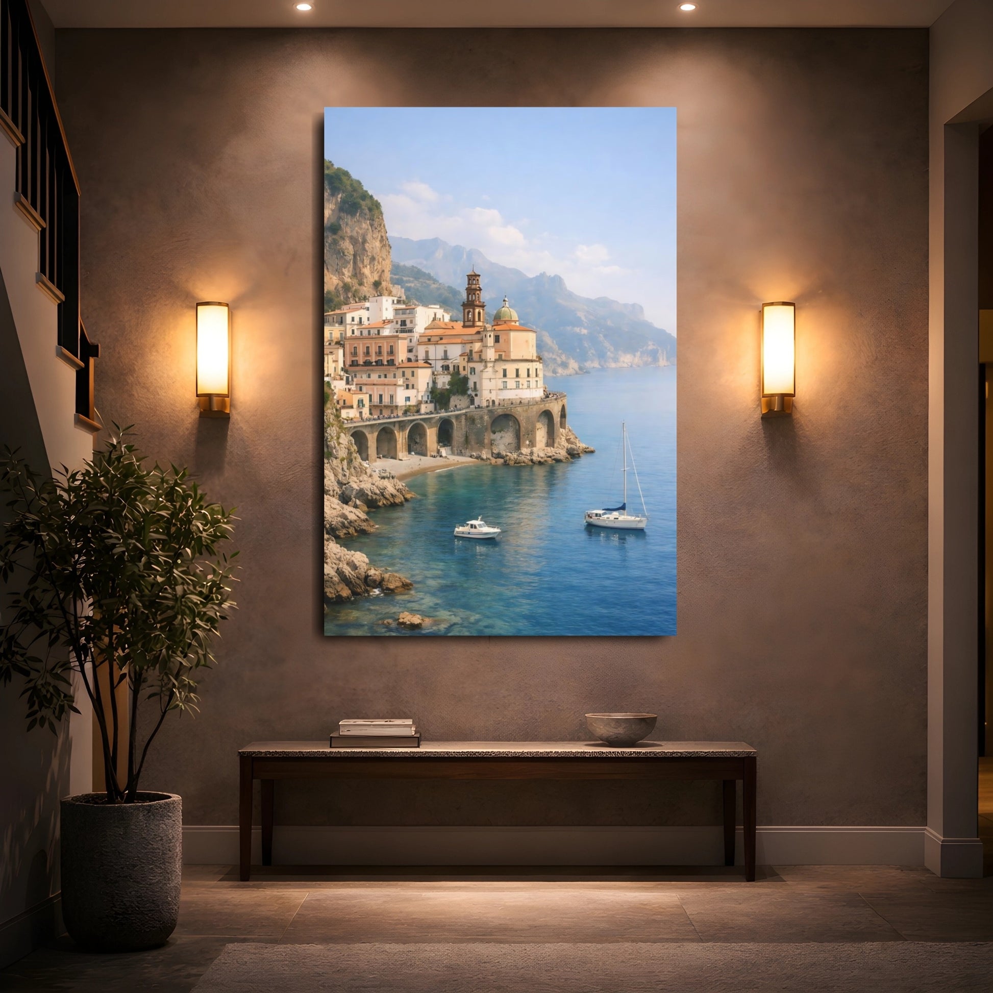 Nature Coastal Town Blue Coastal Town shown as front canvas room wall art