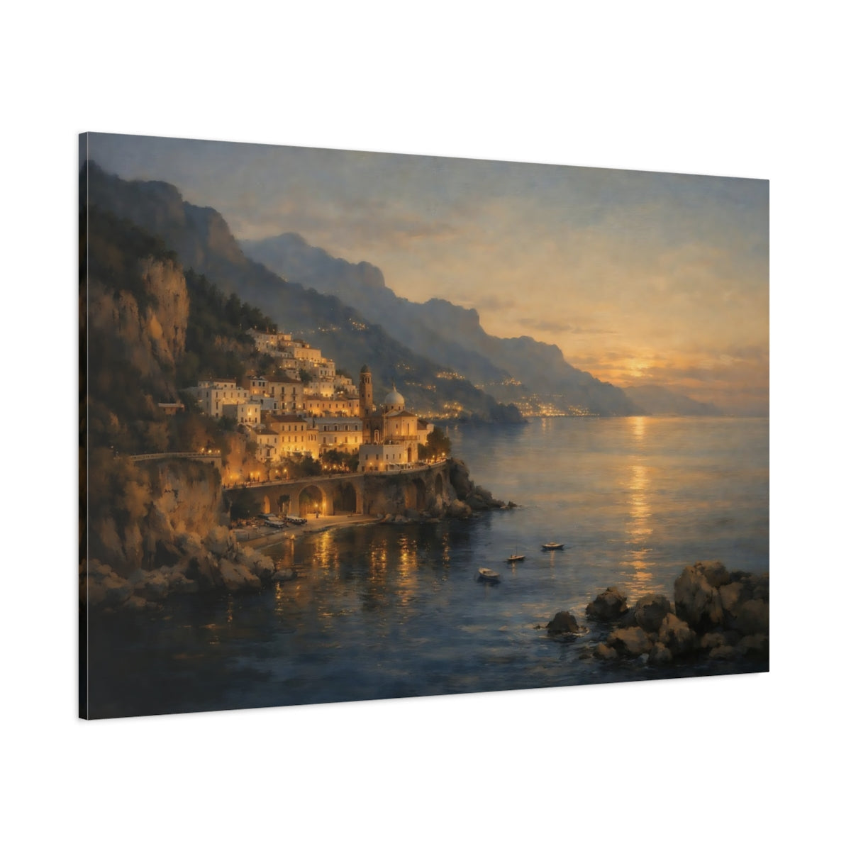 Main Mockup. Nature Coastal Town Coastal Sunset shown as stretched canvas wall art