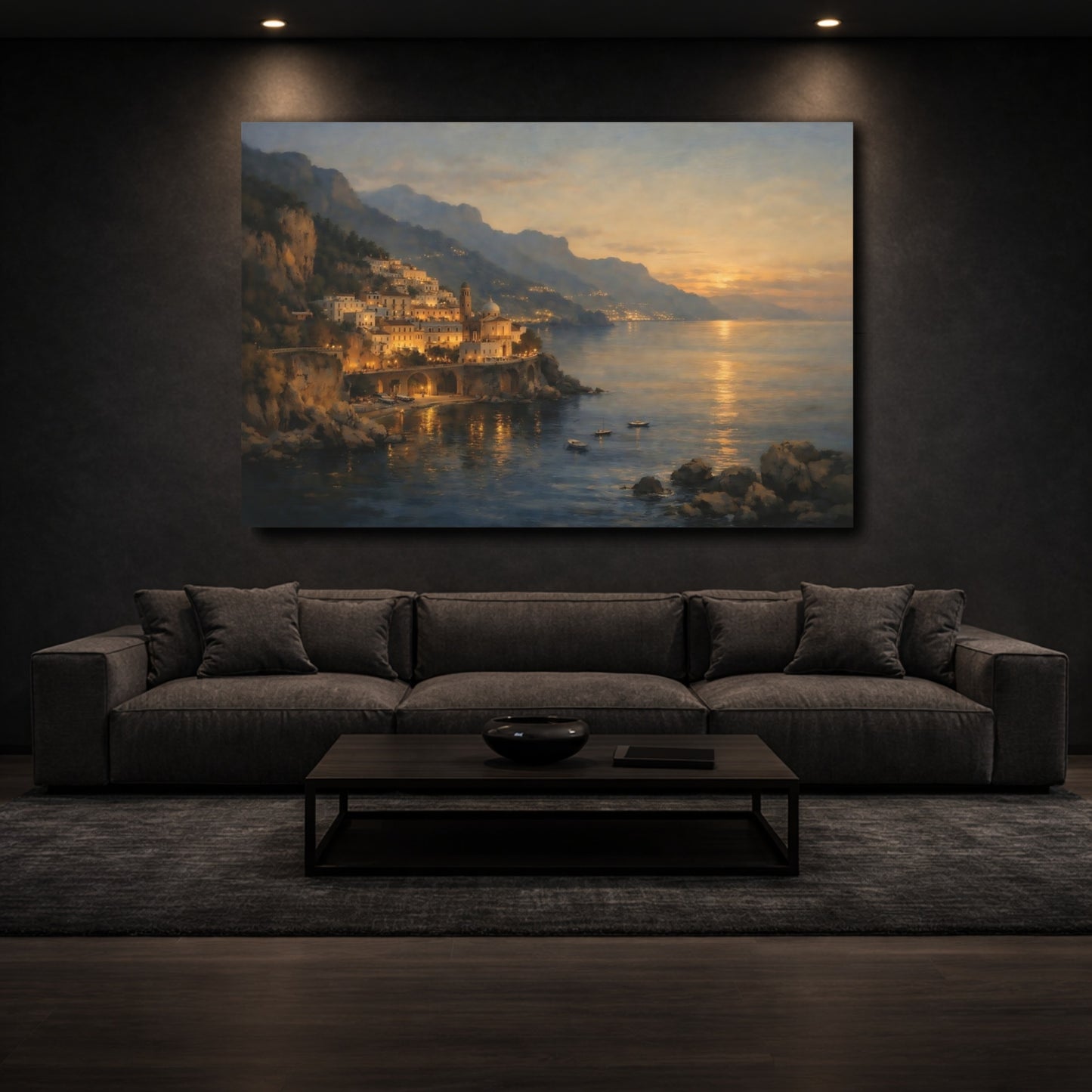 Mockup 2. Nature Coastal Town Coastal Sunset shown as stretched canvas wall art