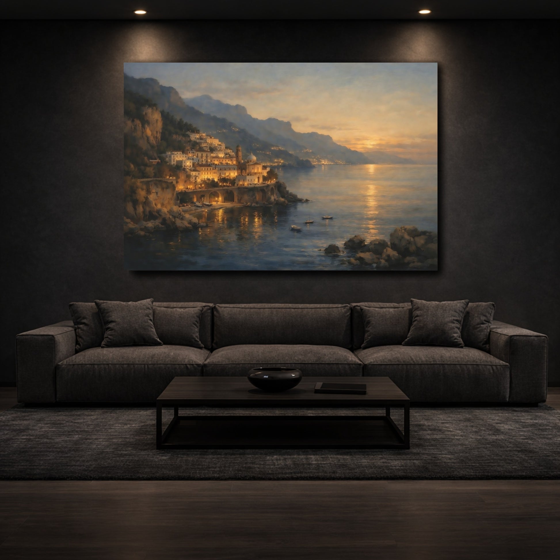 Mockup 2. Nature Coastal Town Coastal Sunset shown as stretched canvas wall art