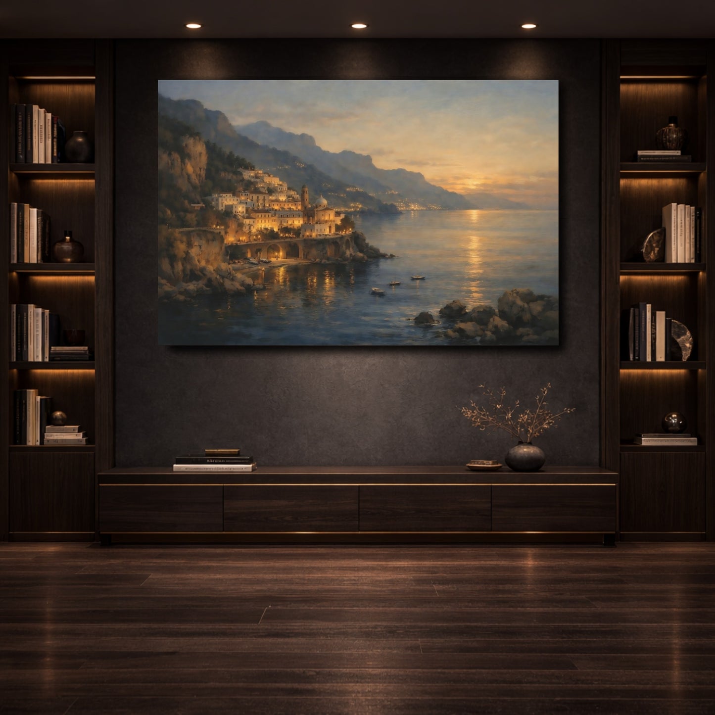 Mockup 3. Nature Coastal Town Coastal Sunset shown as stretched canvas wall art