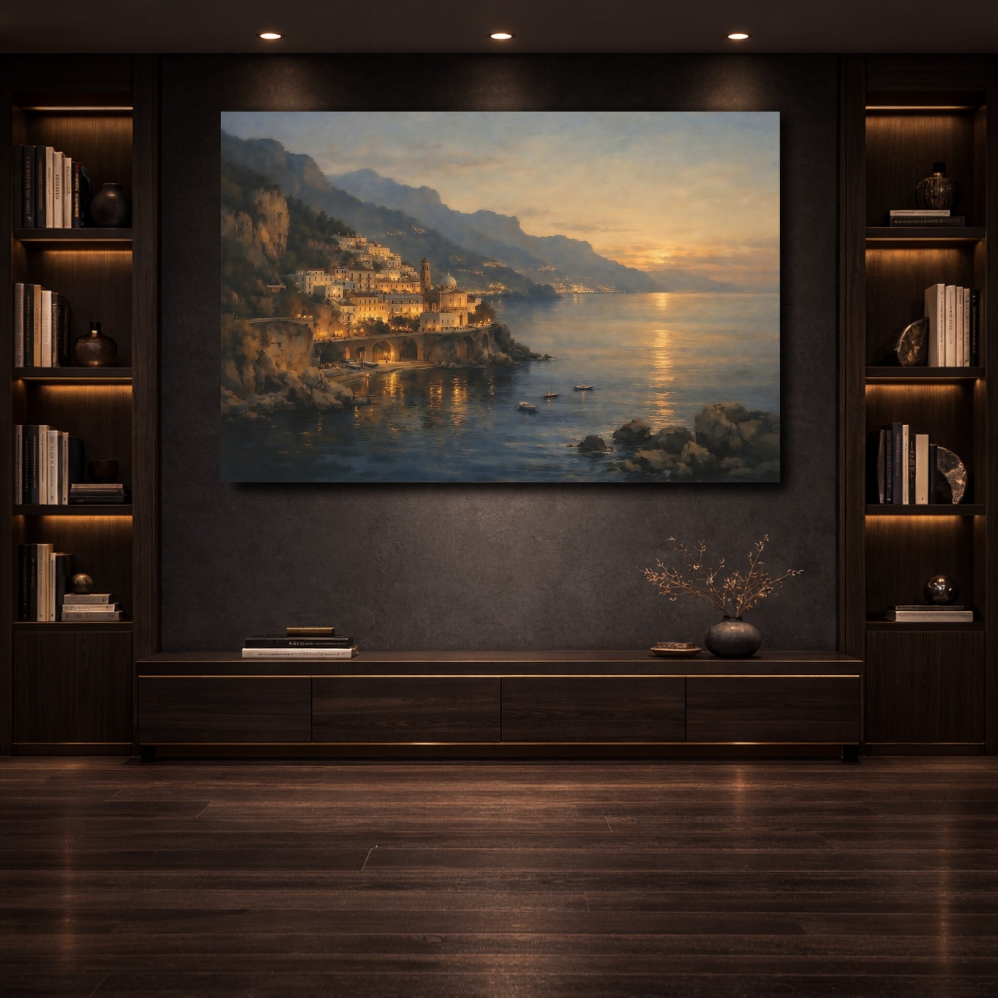 Mockup 3. Nature Coastal Town Coastal Sunset shown as stretched canvas wall art