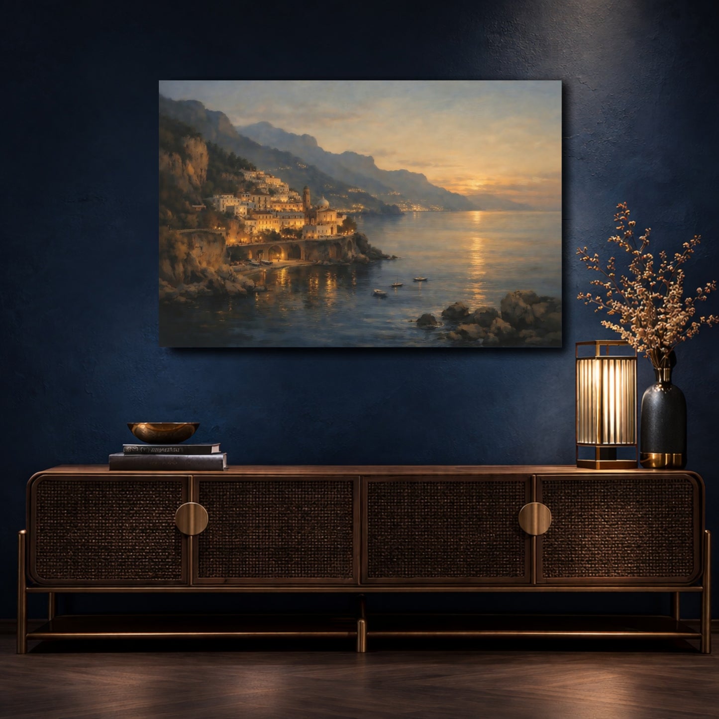 Mockup 4. Nature Coastal Town Coastal Sunset shown as stretched canvas wall art
