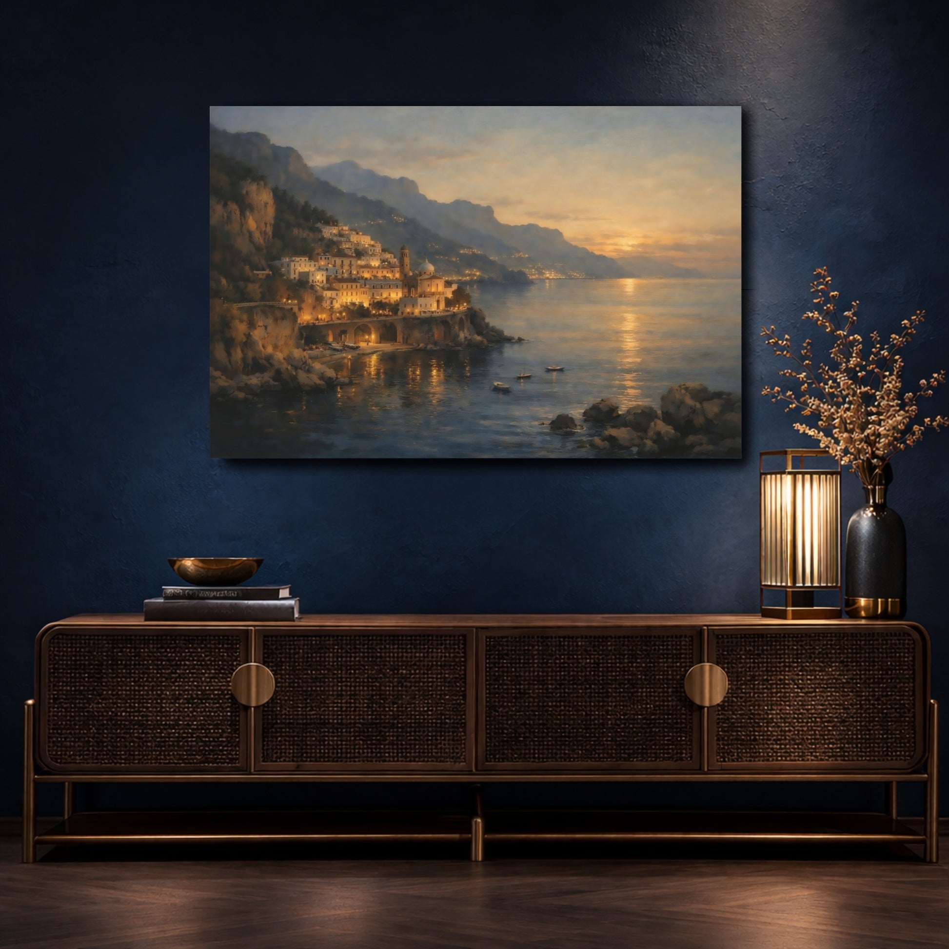 Mockup 4. Nature Coastal Town Coastal Sunset shown as stretched canvas wall art