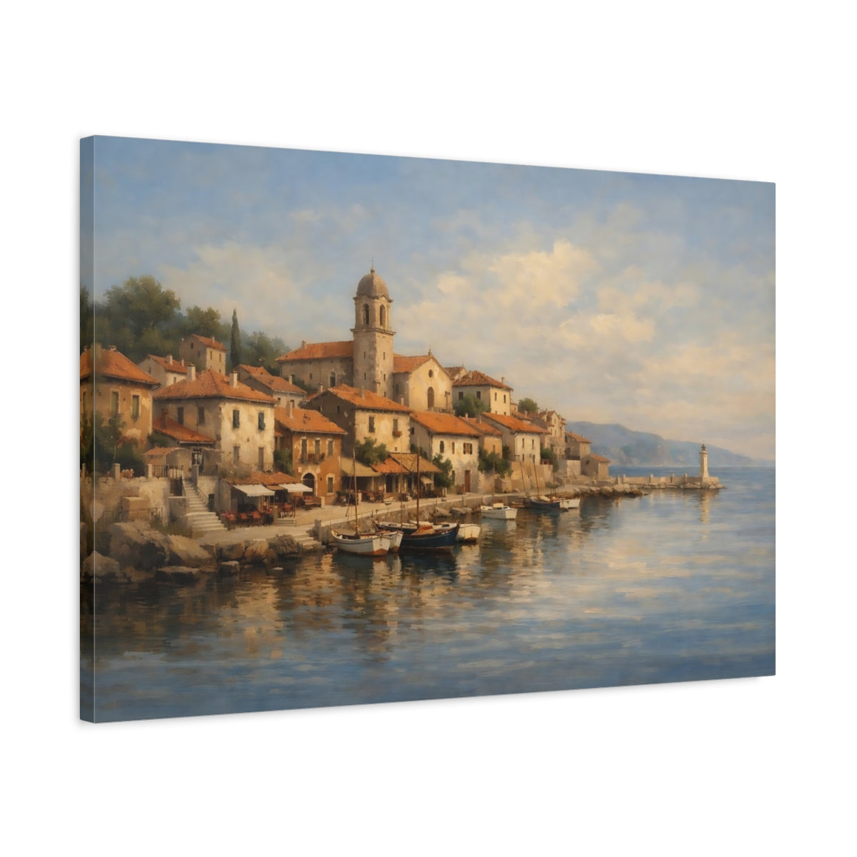 Side Mockup 2. Nature Coastal Town Mediterranean Coastal shown as stretched canvas wall art