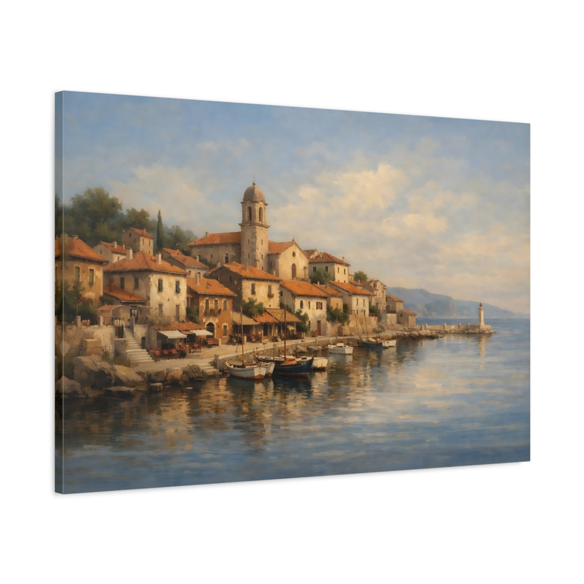 Side Mockup 1. Nature Coastal Town Mediterranean Coastal shown as stretched canvas wall art