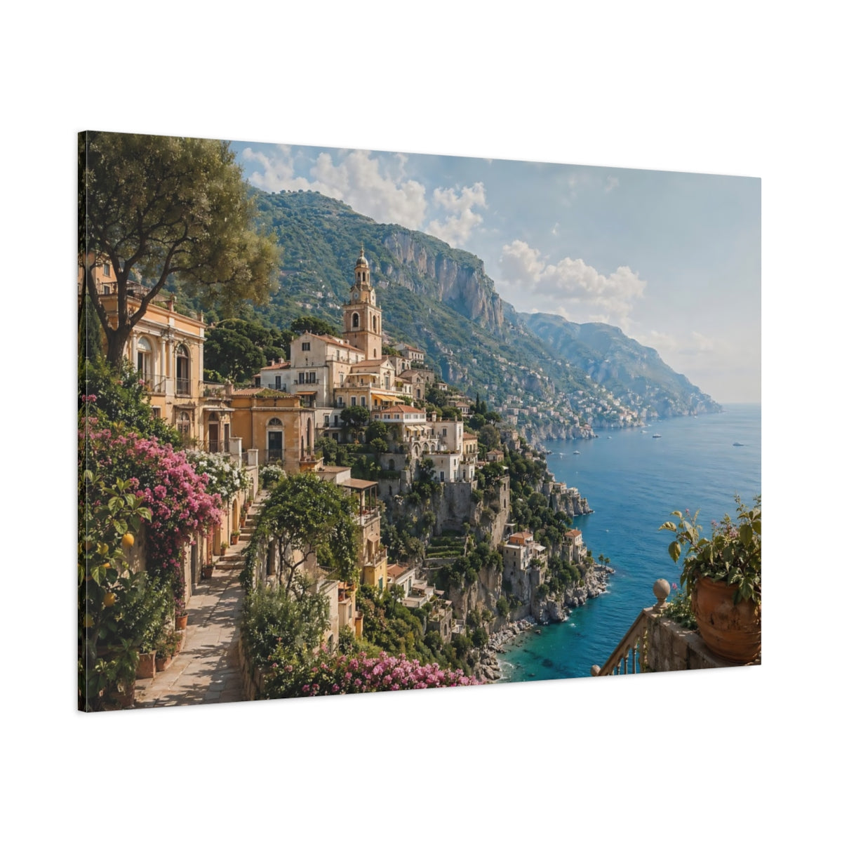 Side Mockup 1. Nature Coastal Town Mediterranean Coast shown as stretched canvas wall art