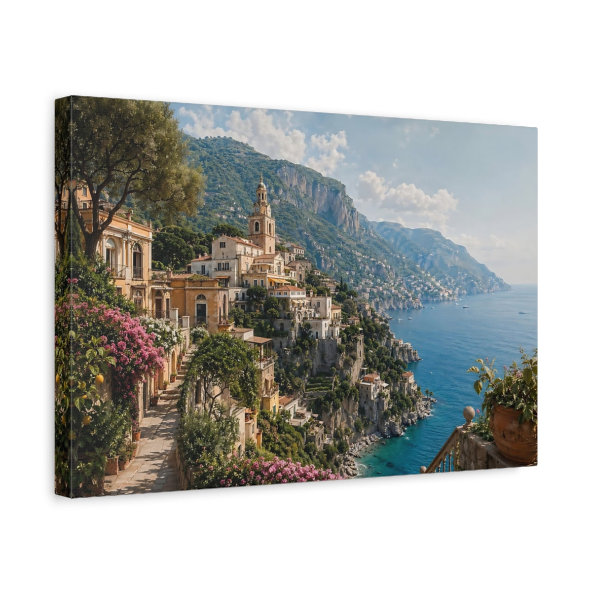 Side Mockup 4. Nature Coastal Town Mediterranean Coast shown as stretched canvas wall art