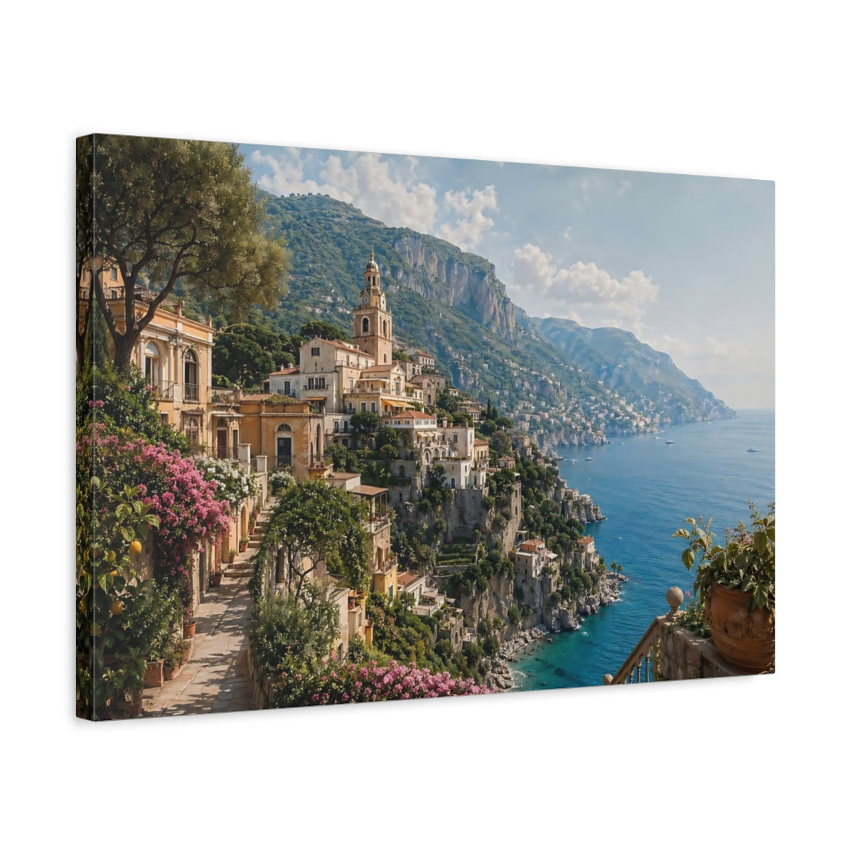 Side Mockup 3. Nature Coastal Town Mediterranean Coast shown as stretched canvas wall art