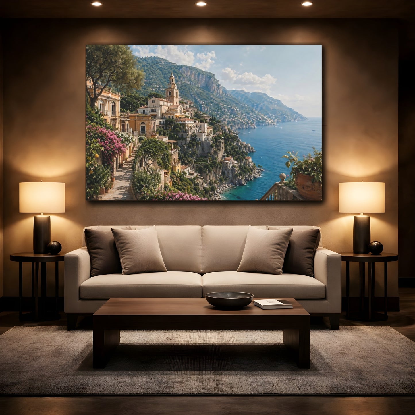 Mockup 2. Nature Coastal Town Mediterranean Coast shown as stretched canvas wall art