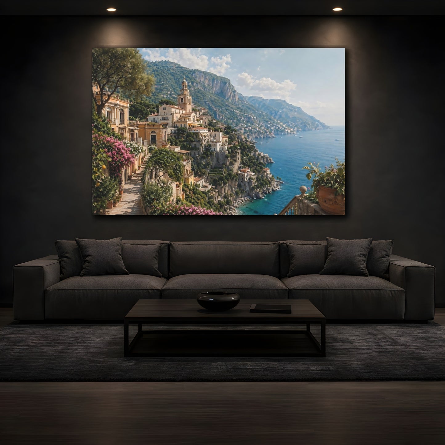 Mockup 3. Nature Coastal Town Mediterranean Coast shown as stretched canvas wall art