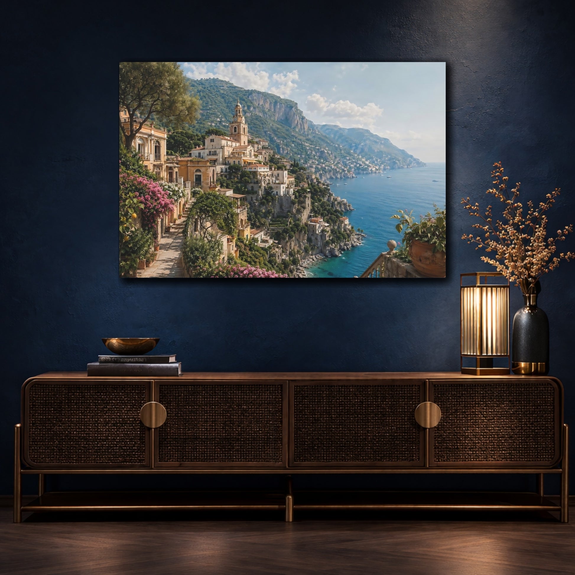 Mockup 4. Nature Coastal Town Mediterranean Coast shown as stretched canvas wall art