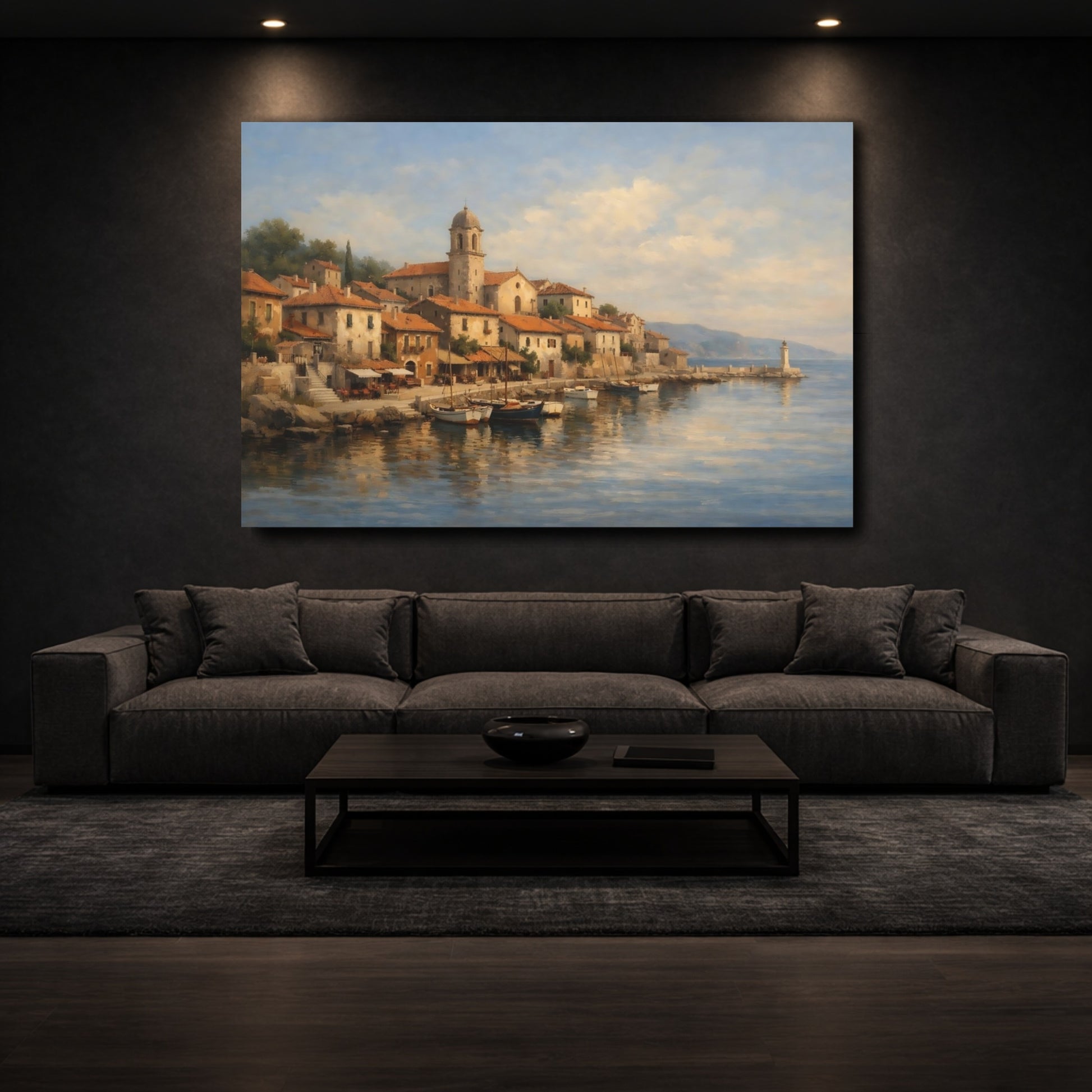 Mockup 2. Nature Coastal Town Mediterranean Coastal shown as stretched canvas wall art