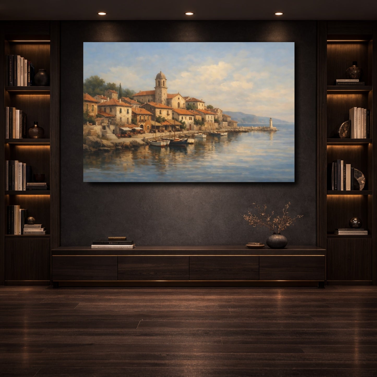 Mockup 3. Nature Coastal Town Mediterranean Coastal shown as stretched canvas wall art