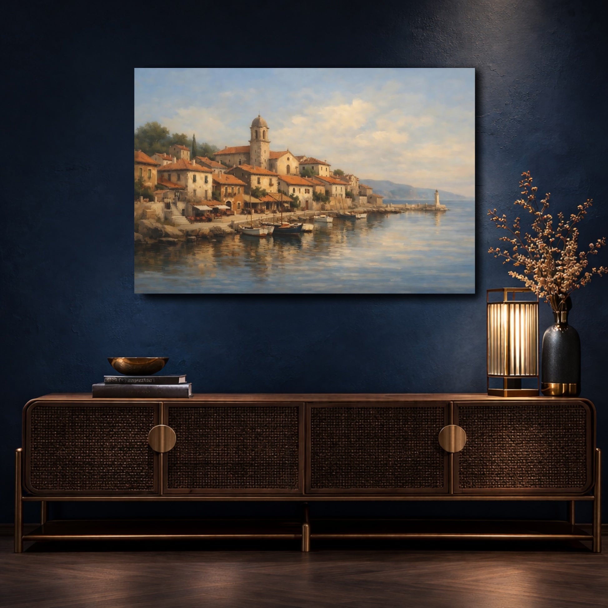 Mockup 4. Nature Coastal Town Mediterranean Coastal shown as stretched canvas wall art