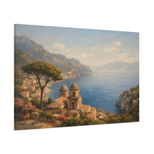 Main Mockup. Nature Coastal Town Mediterranean Seascape shown as stretched canvas wall art
