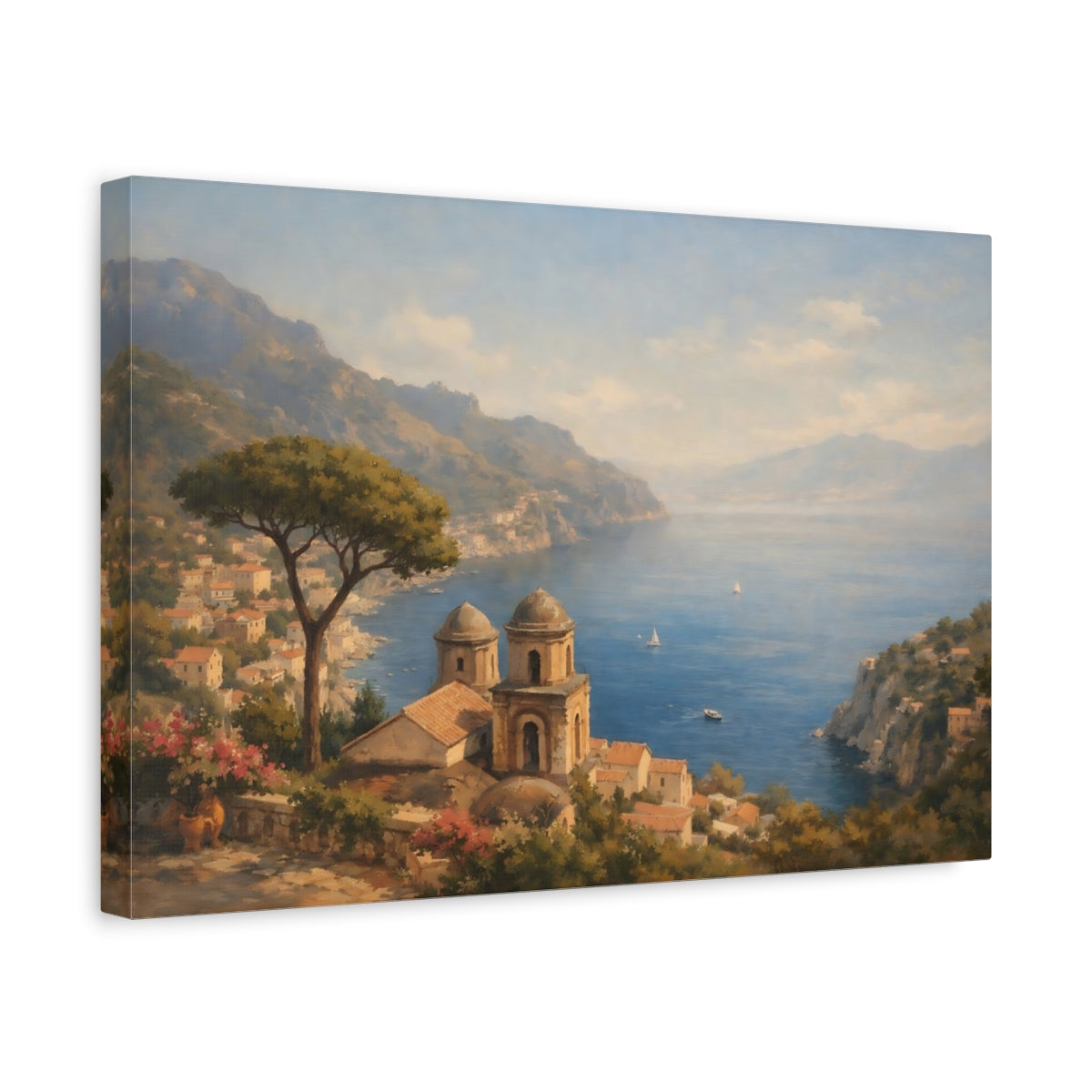 Side Mockup 4. Nature Coastal Town Mediterranean Seascape shown as stretched canvas wall art