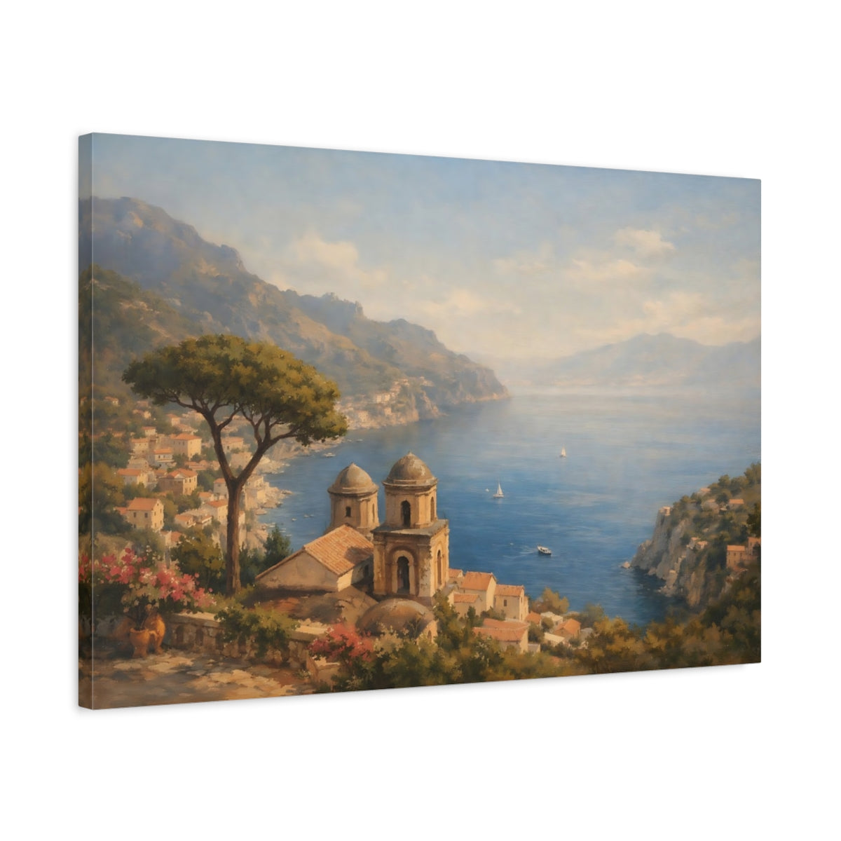 Side Mockup 2. Nature Coastal Town Mediterranean Seascape shown as stretched canvas wall art