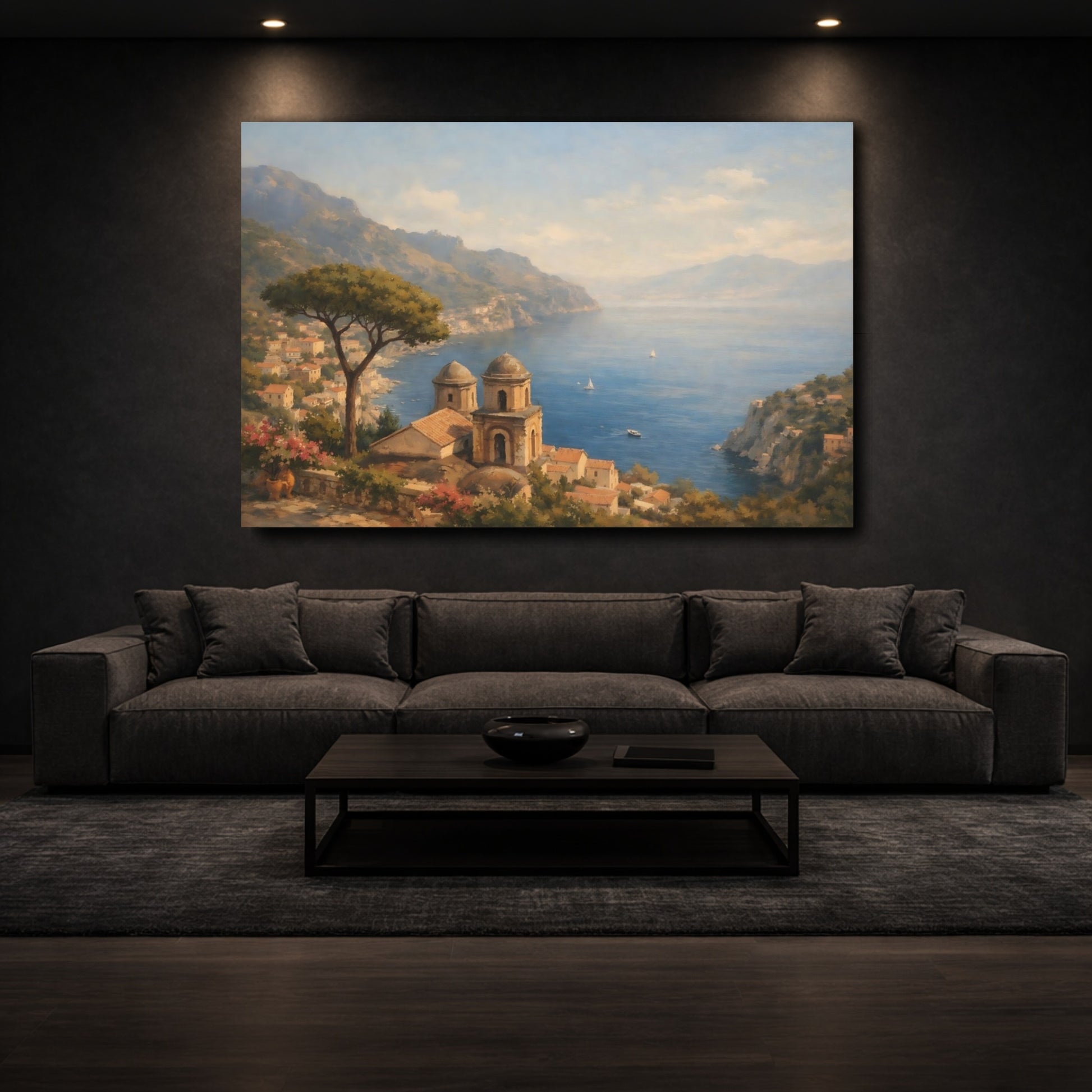 Mockup 2. Nature Coastal Town Mediterranean Seascape shown as stretched canvas wall art