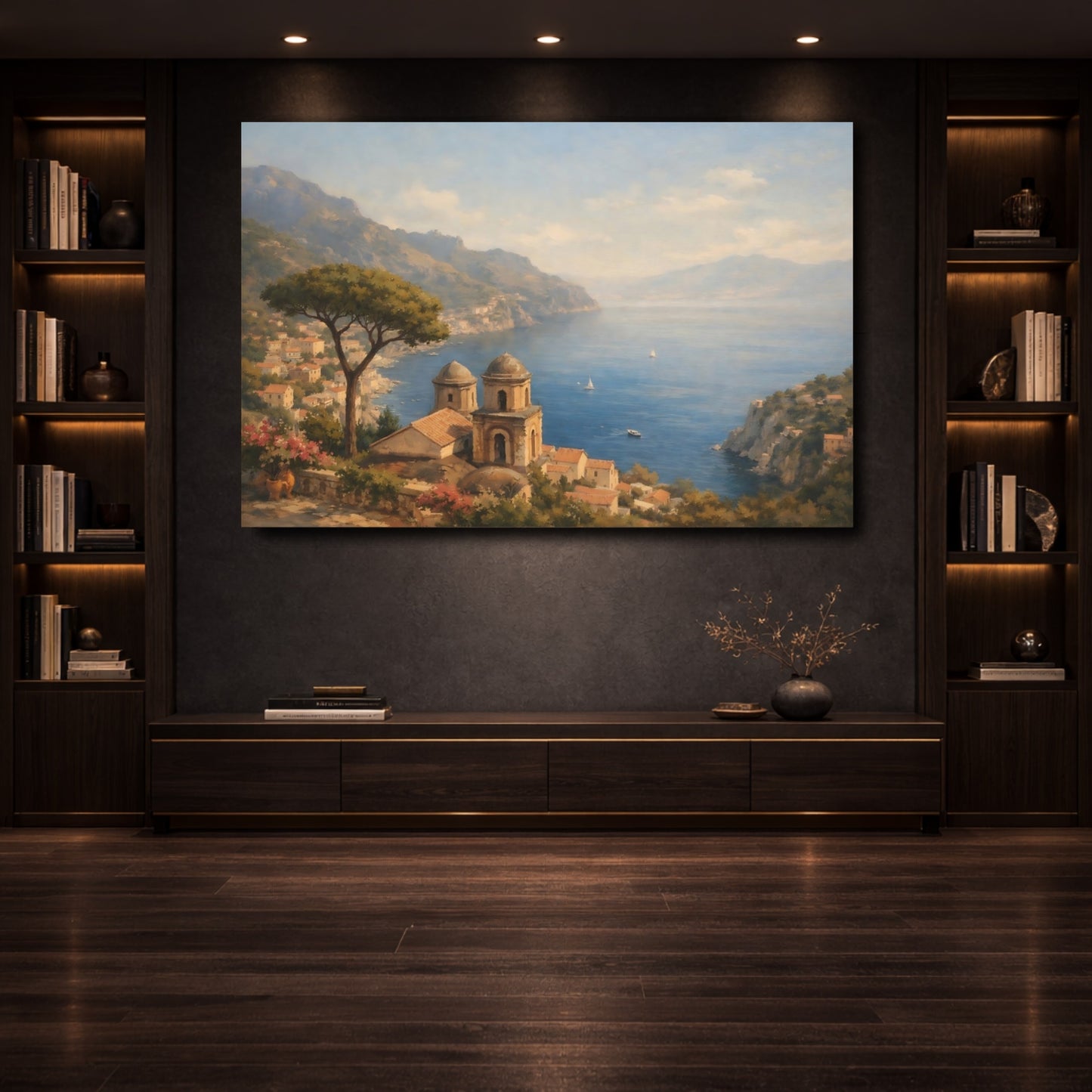 Mockup 3. Nature Coastal Town Mediterranean Seascape shown as stretched canvas wall art