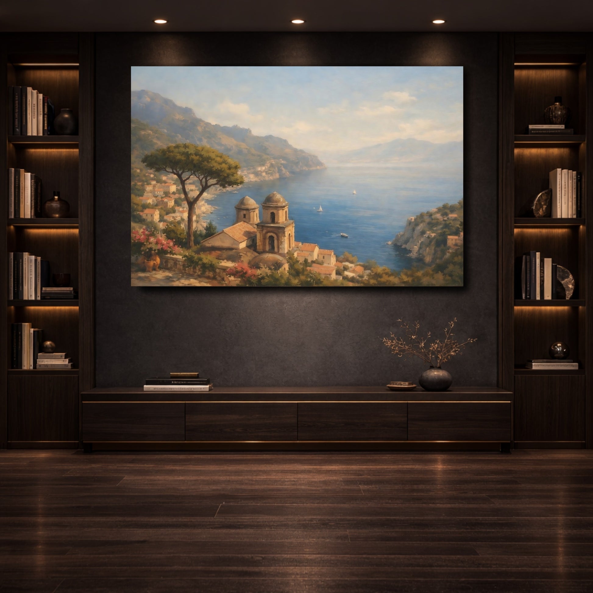 Mockup 3. Nature Coastal Town Mediterranean Seascape shown as stretched canvas wall art