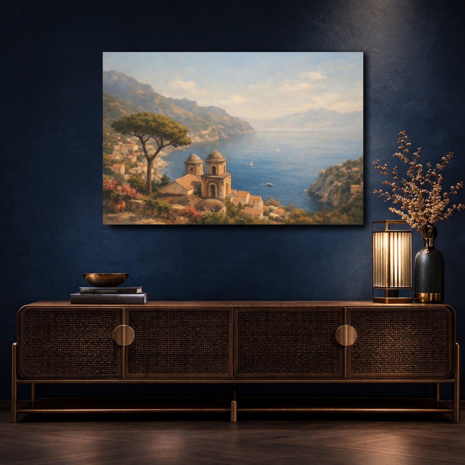 Mockup 4. Nature Coastal Town Mediterranean Seascape shown as stretched canvas wall art