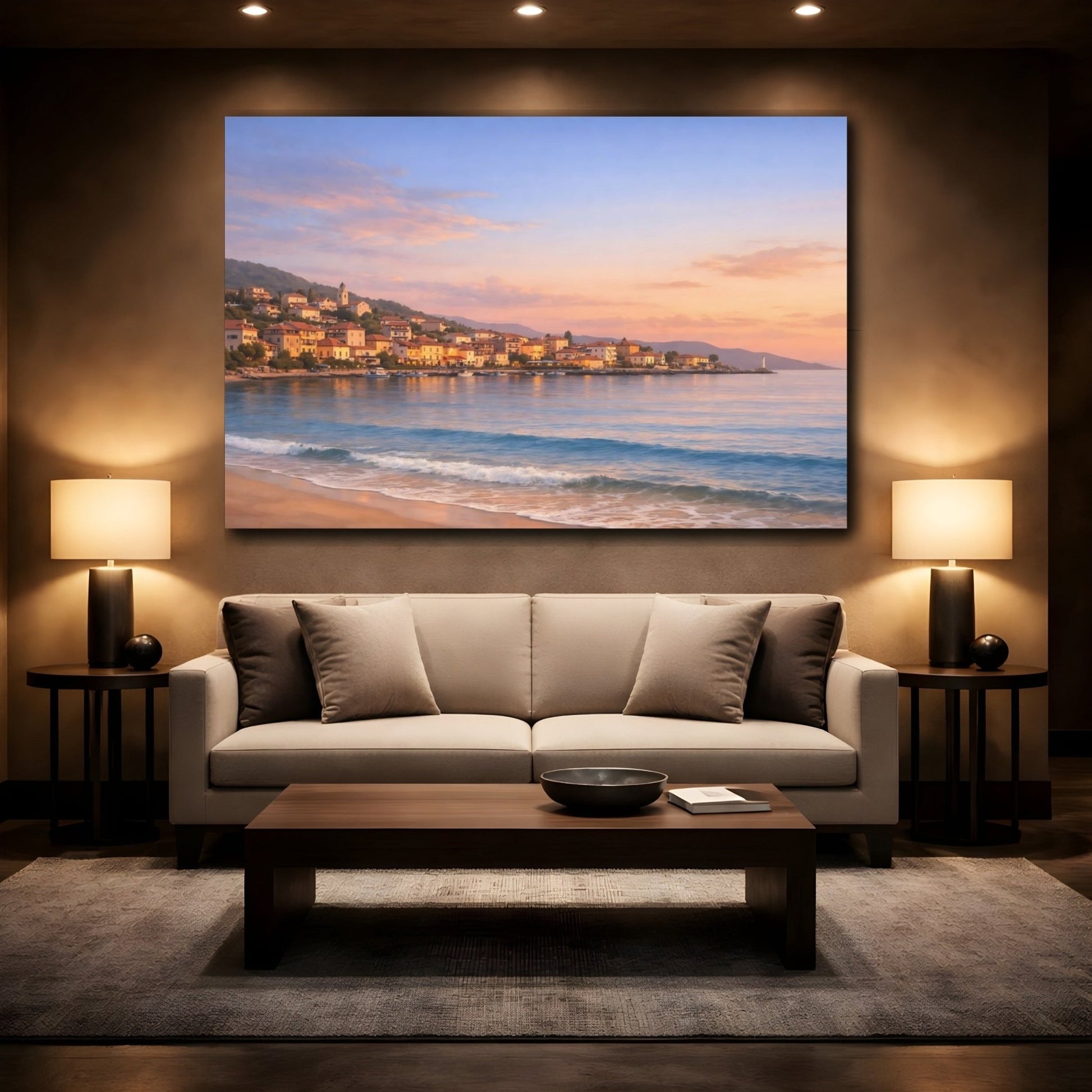 Nature Coastal Town Sunset - Canvas Wall Art Print - YesArtYes