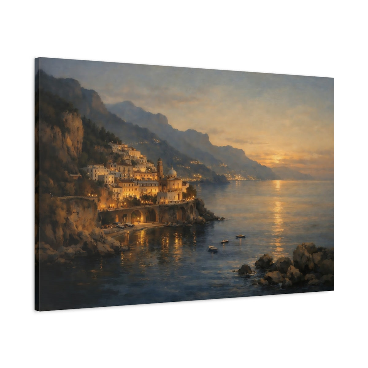 Side Mockup 1. Nature Coastal Town Coastal Sunset shown as stretched canvas wall art