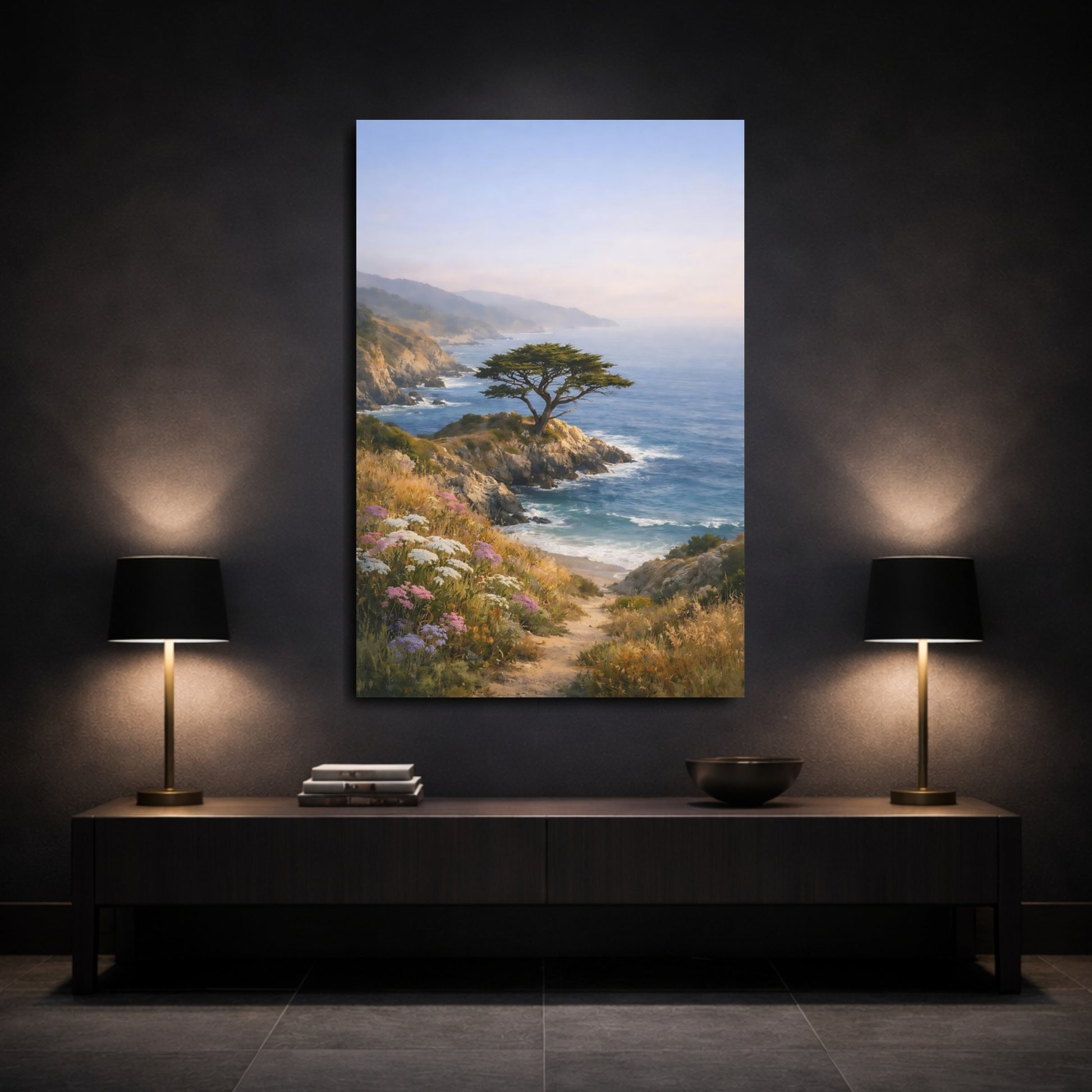 Mockup 2. Nature Coastal Tree Blue And Green shown as stretched canvas wall art