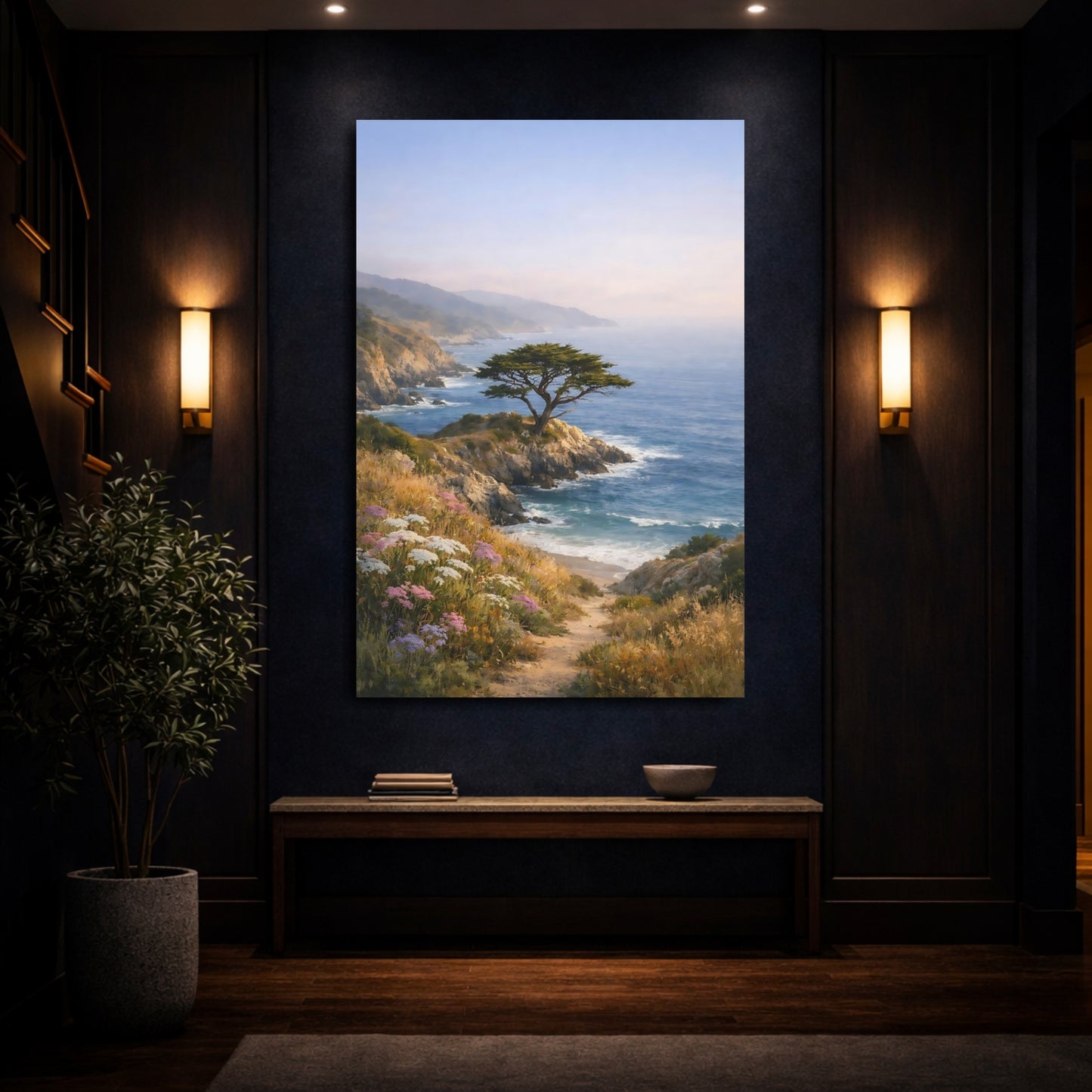 Mockup 3. Nature Coastal Tree Blue And Green shown as stretched canvas wall art