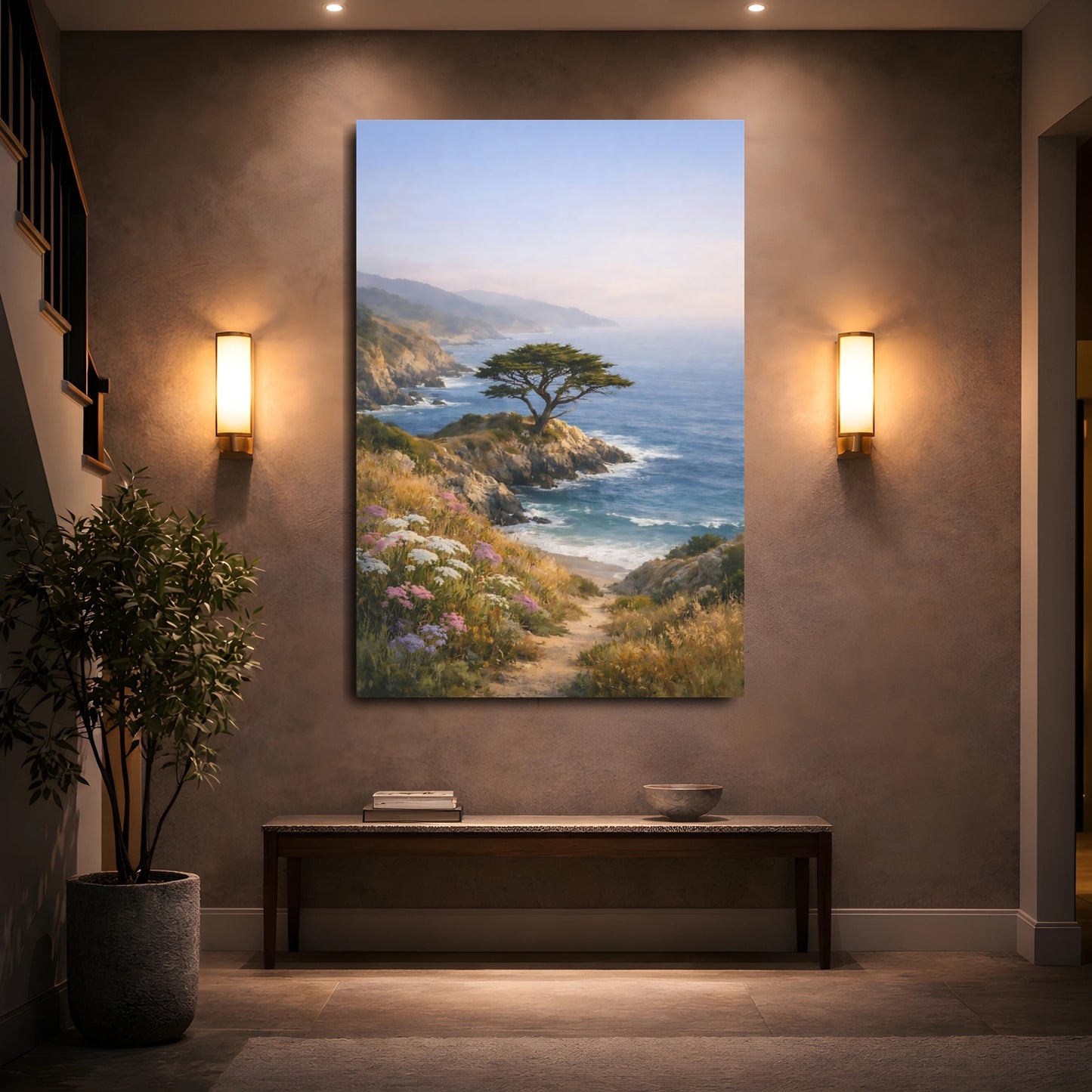 Mockup 4. Nature Coastal Tree Blue And Green shown as stretched canvas wall art