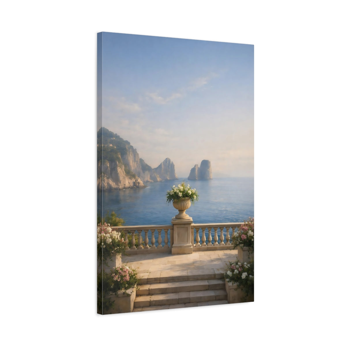 Side Mockup 2. Nature Coastal View Blue Ocean Balcony shown as stretched canvas wall art