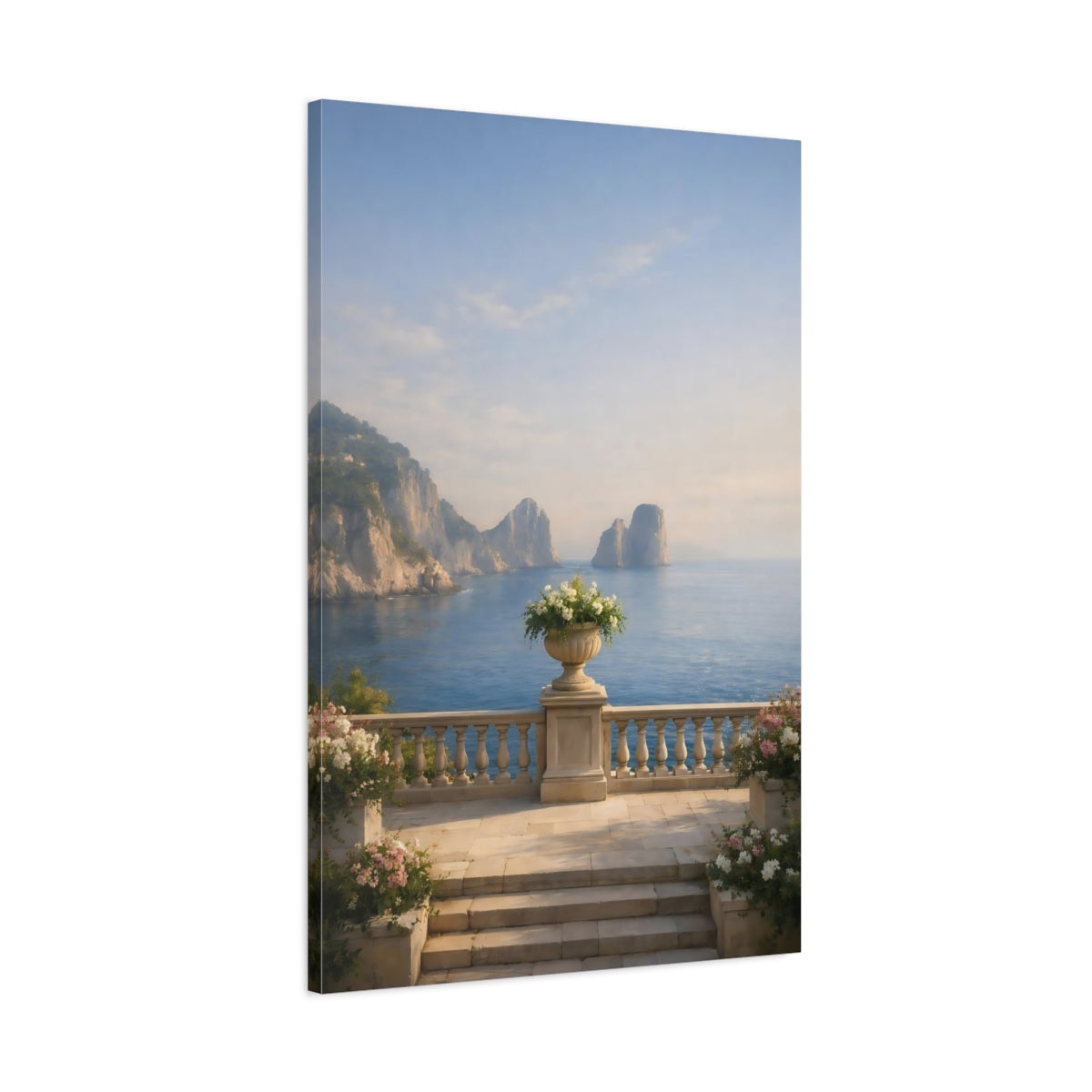Side Mockup 1. Nature Coastal View Blue Ocean Balcony shown as stretched canvas wall art