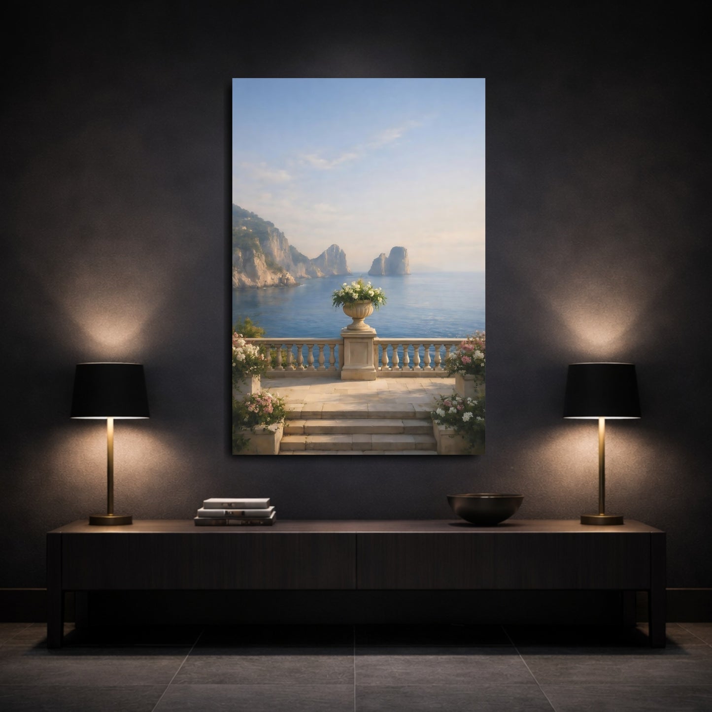 Mockup 2. Nature Coastal View Blue Ocean Balcony shown as stretched canvas wall art