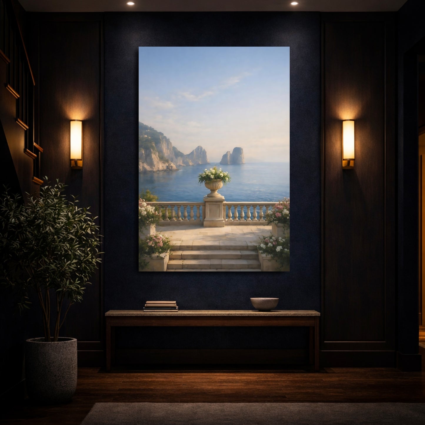 Mockup 3. Nature Coastal View Blue Ocean Balcony shown as stretched canvas wall art