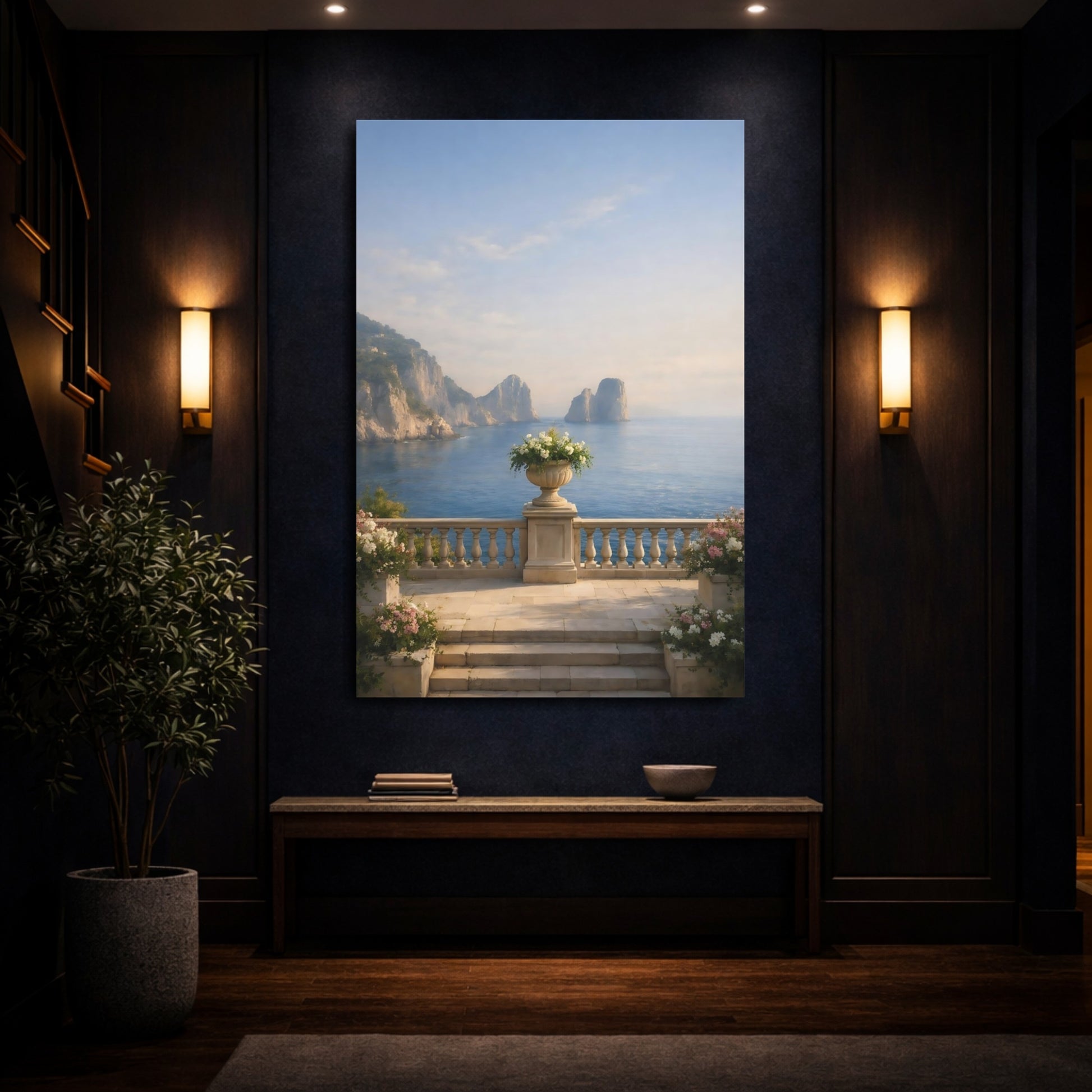 Mockup 3. Nature Coastal View Blue Ocean Balcony shown as stretched canvas wall art
