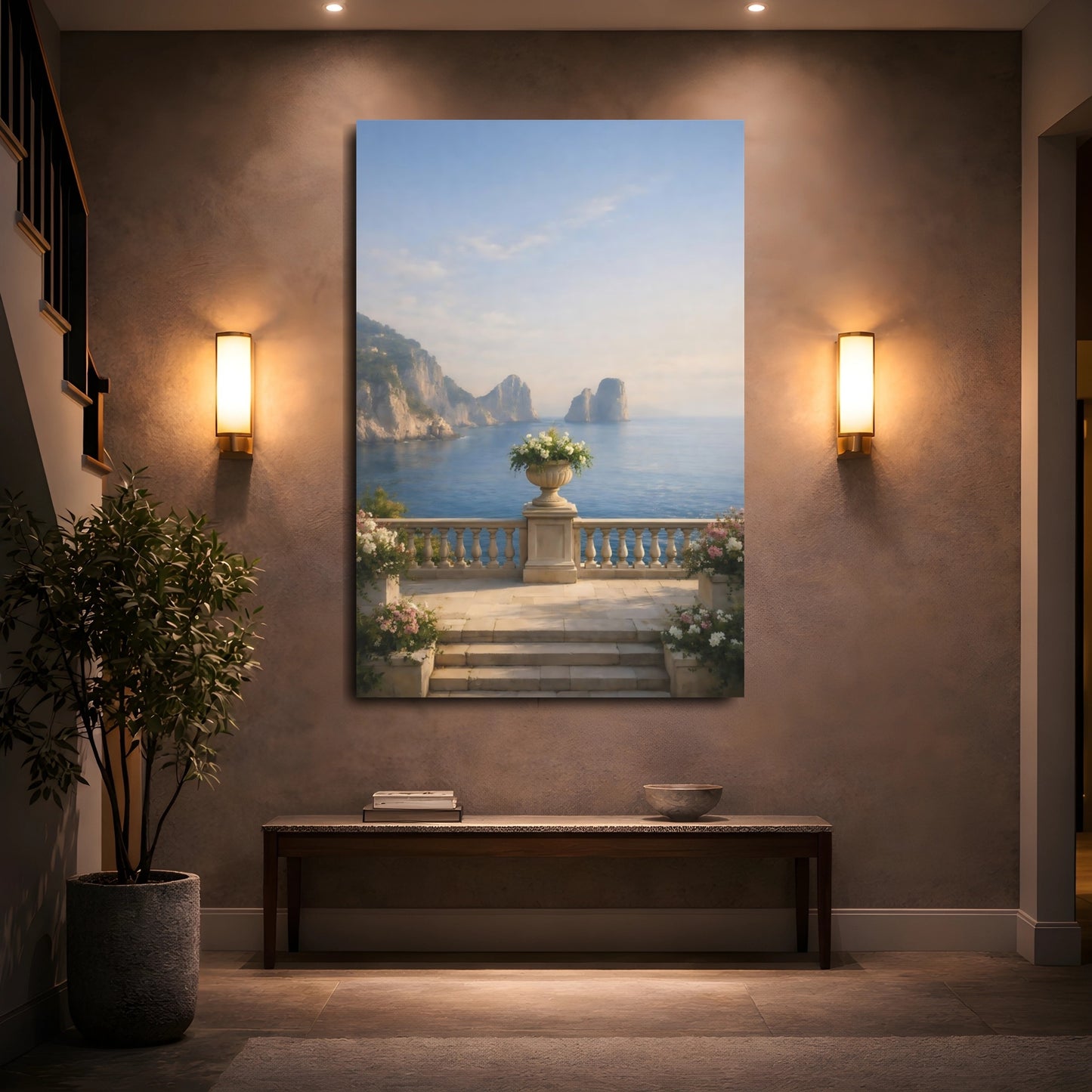 Mockup 4. Nature Coastal View Blue Ocean Balcony shown as stretched canvas wall art