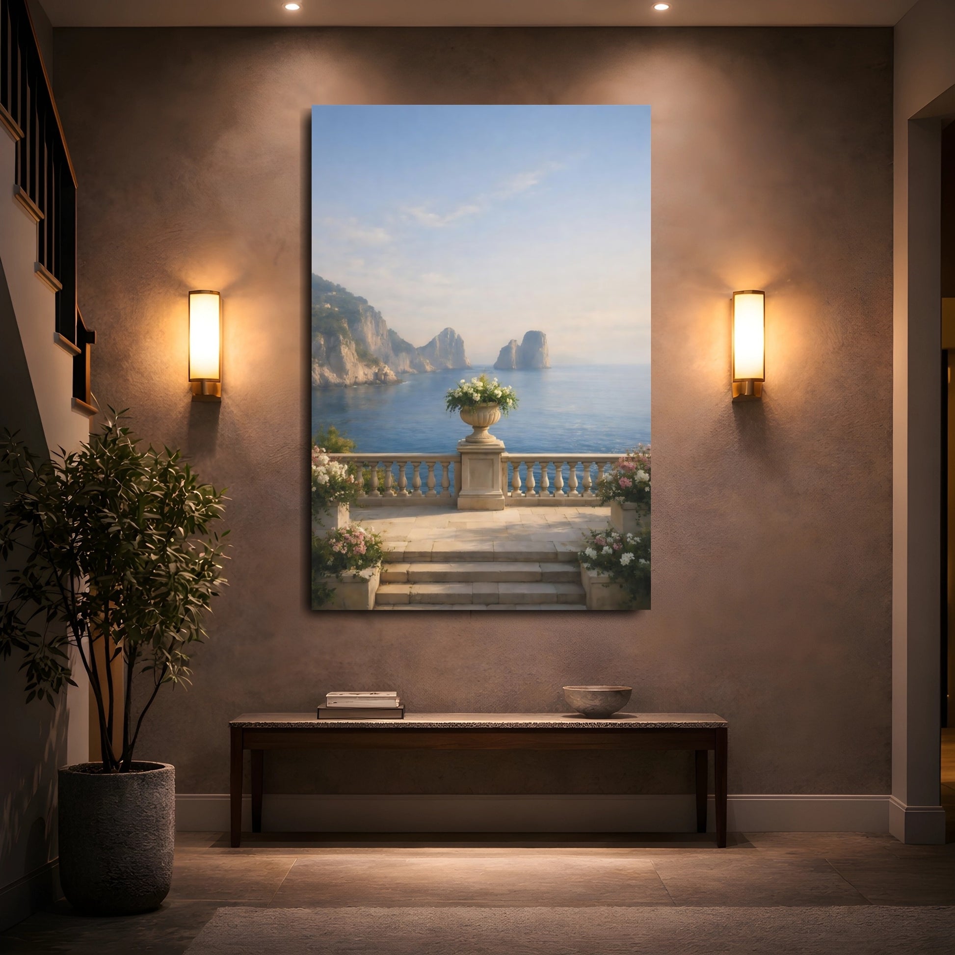 Mockup 4. Nature Coastal View Blue Ocean Balcony shown as stretched canvas wall art