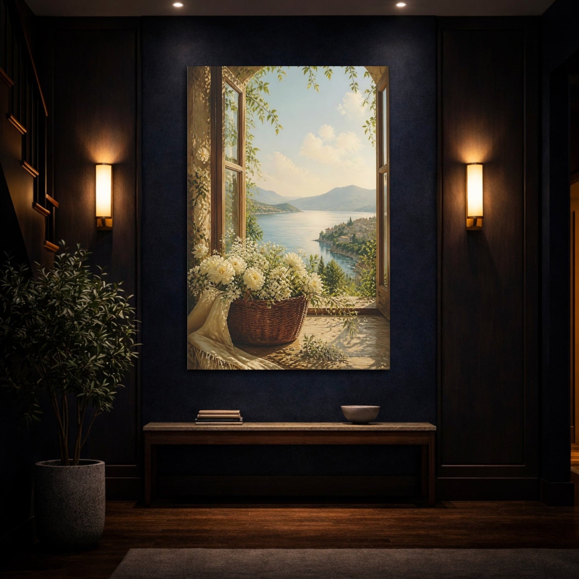 Nature Coastal View Flowers Canvas Print – Living Room, Above Fireplace, Blue and Green - YesArtYes
